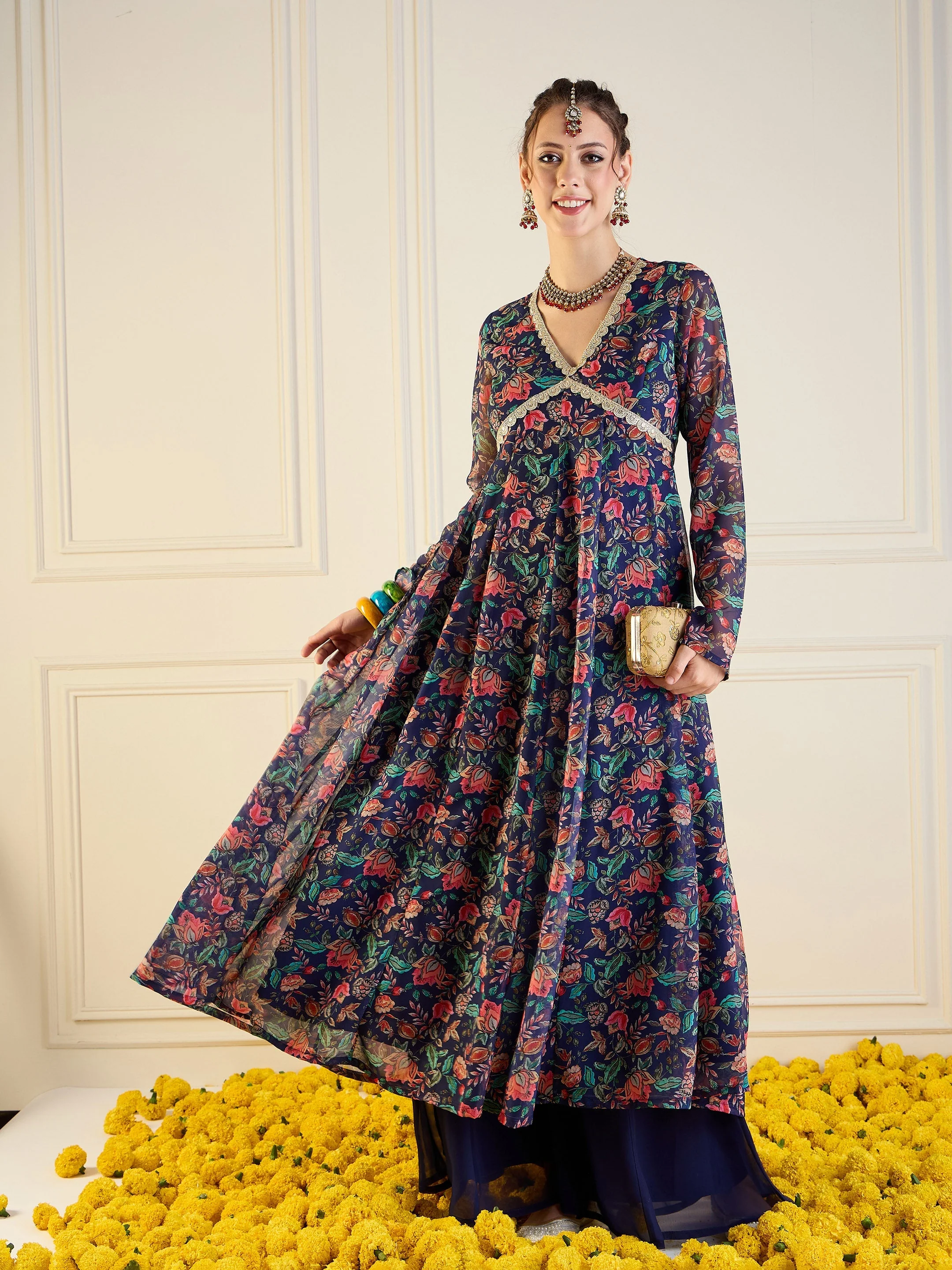 Women Navy Floral Long Anarkali Kurta - Image 6