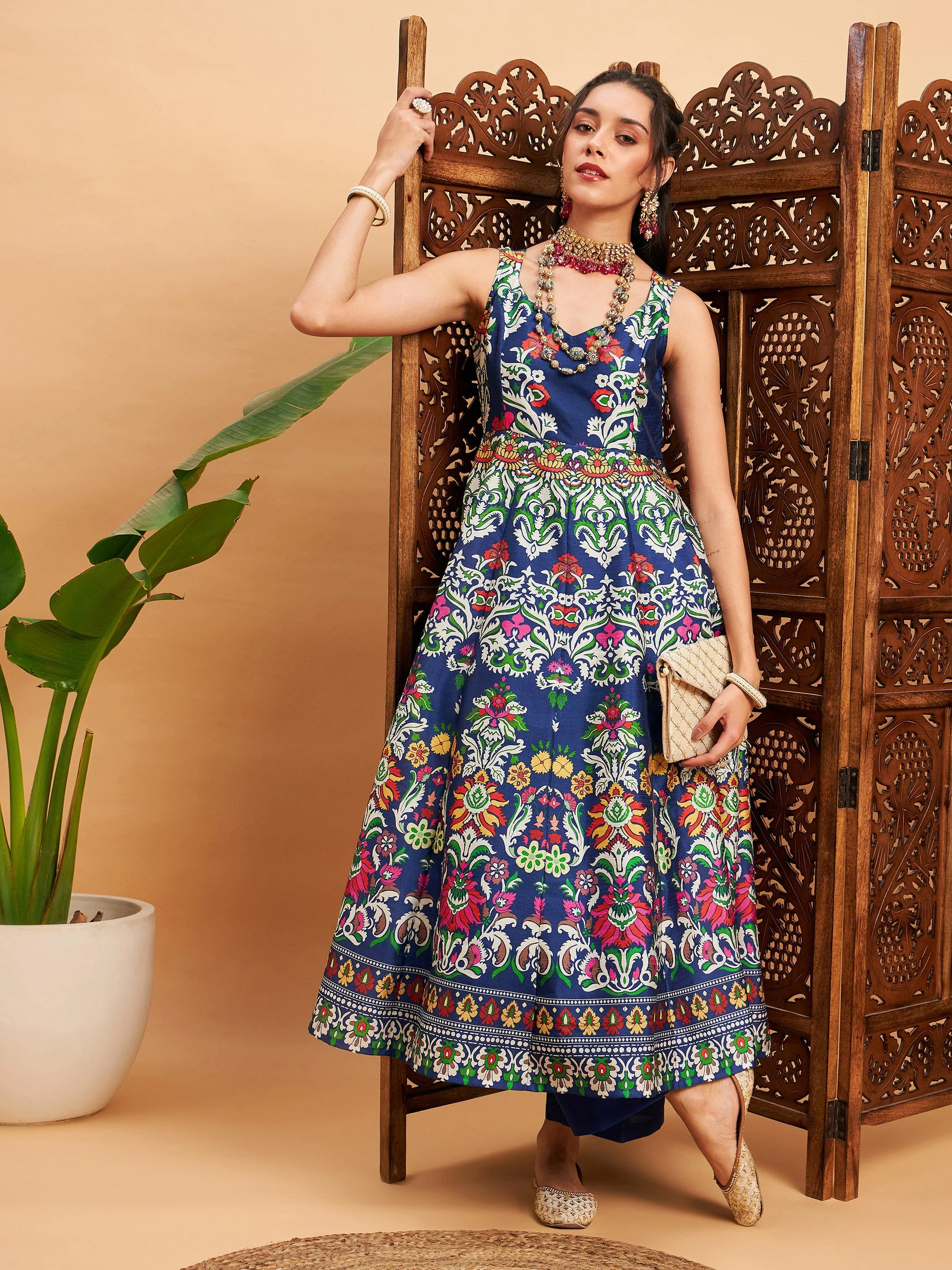 Women Navy Floral Sleeveless Anarkali Maxi Kurta - Image 2
