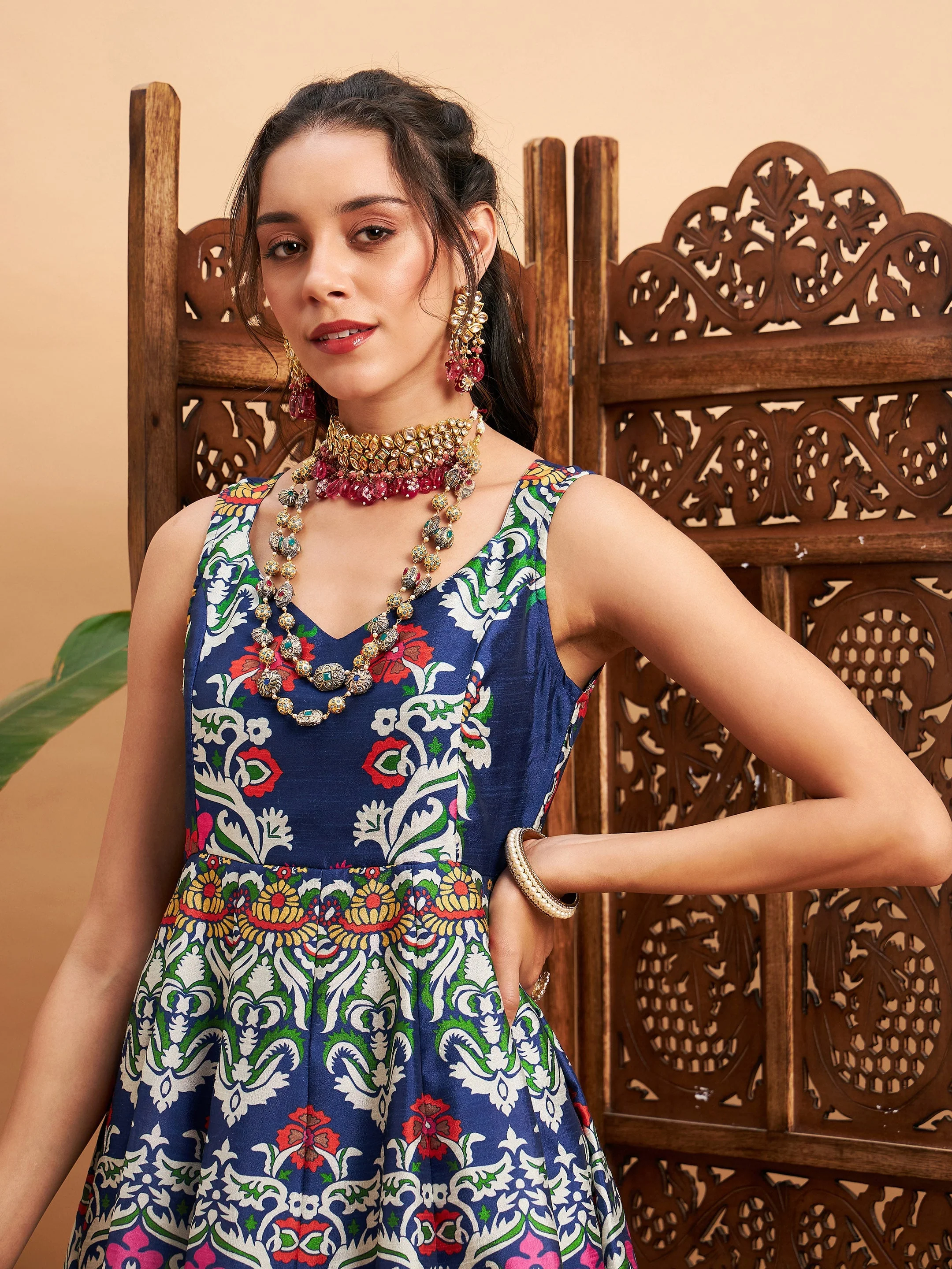 Women Navy Floral Sleeveless Anarkali Maxi Kurta - Image 4