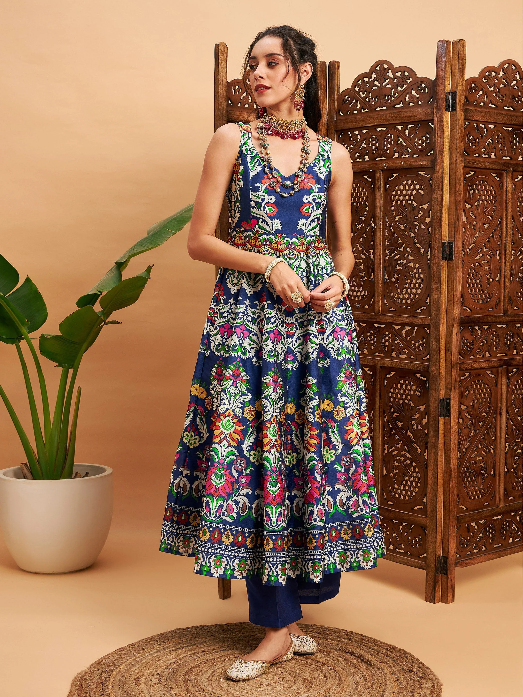 Women Navy Floral Sleeveless Anarkali Maxi Kurta - Image 6