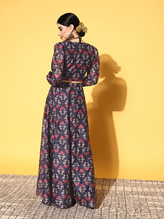 Women Navy Floral Wrap Crop Top With Aanrakali Skirt - Image 3
