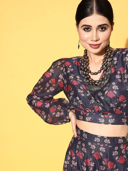 Women Navy Floral Wrap Crop Top With Aanrakali Skirt - Image 4