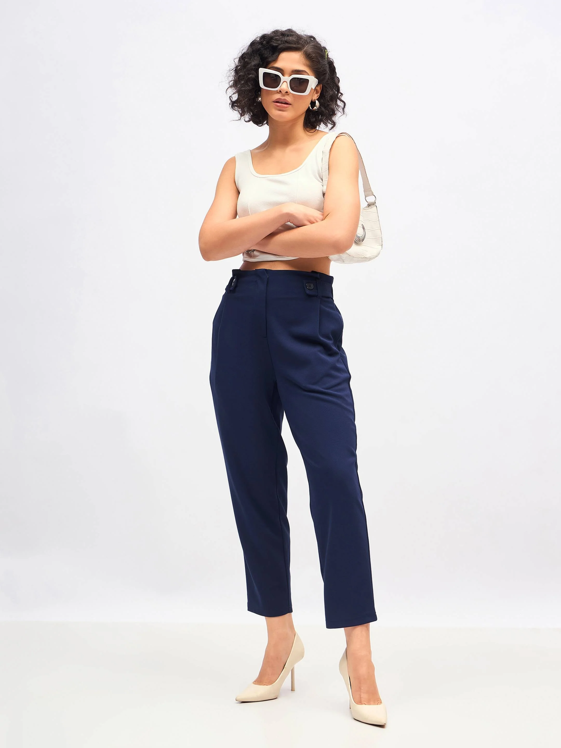 Women Navy Front Button Paperback Waist Pants - Image 2