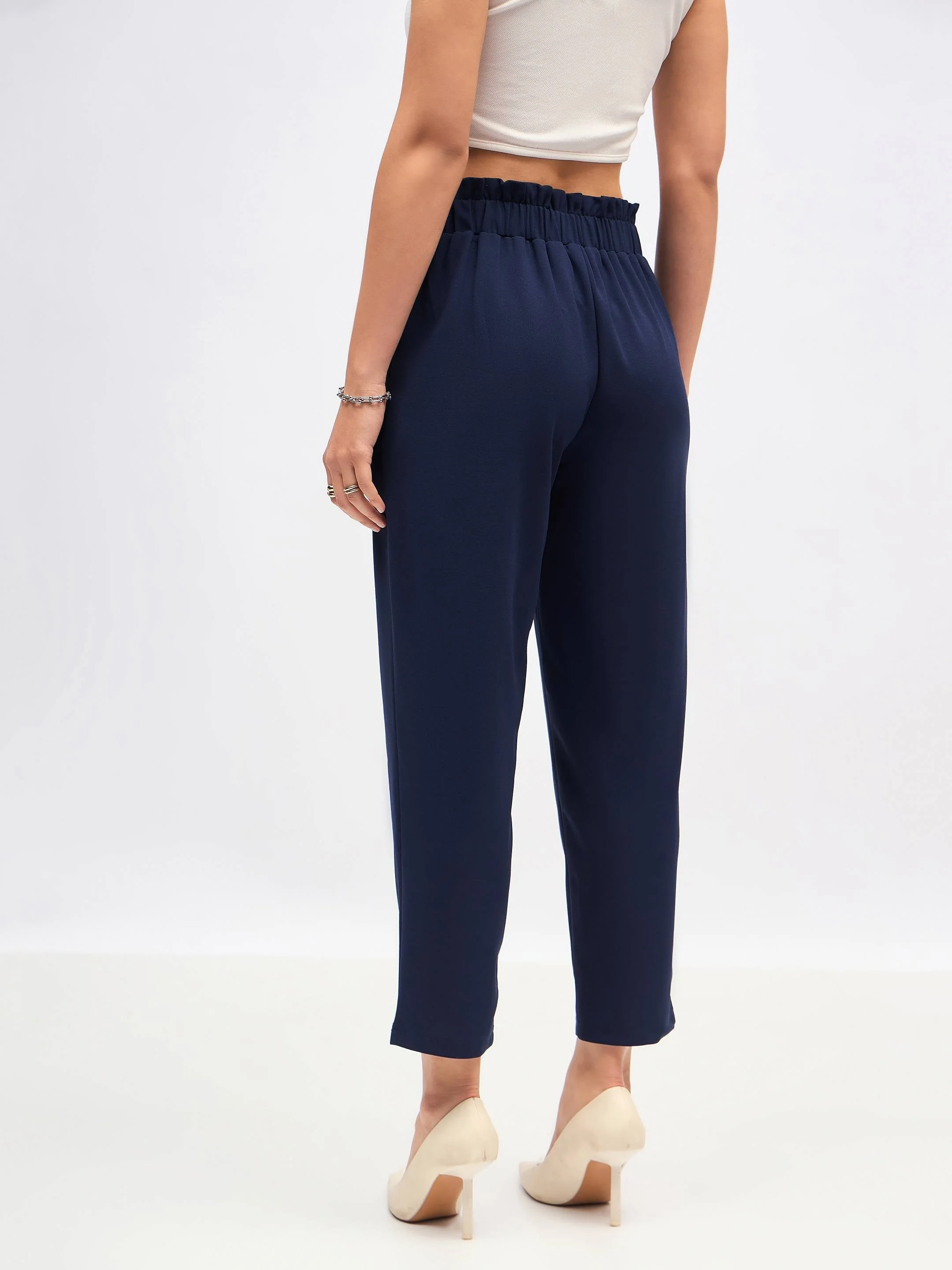Women Navy Front Button Paperback Waist Pants - Image 3