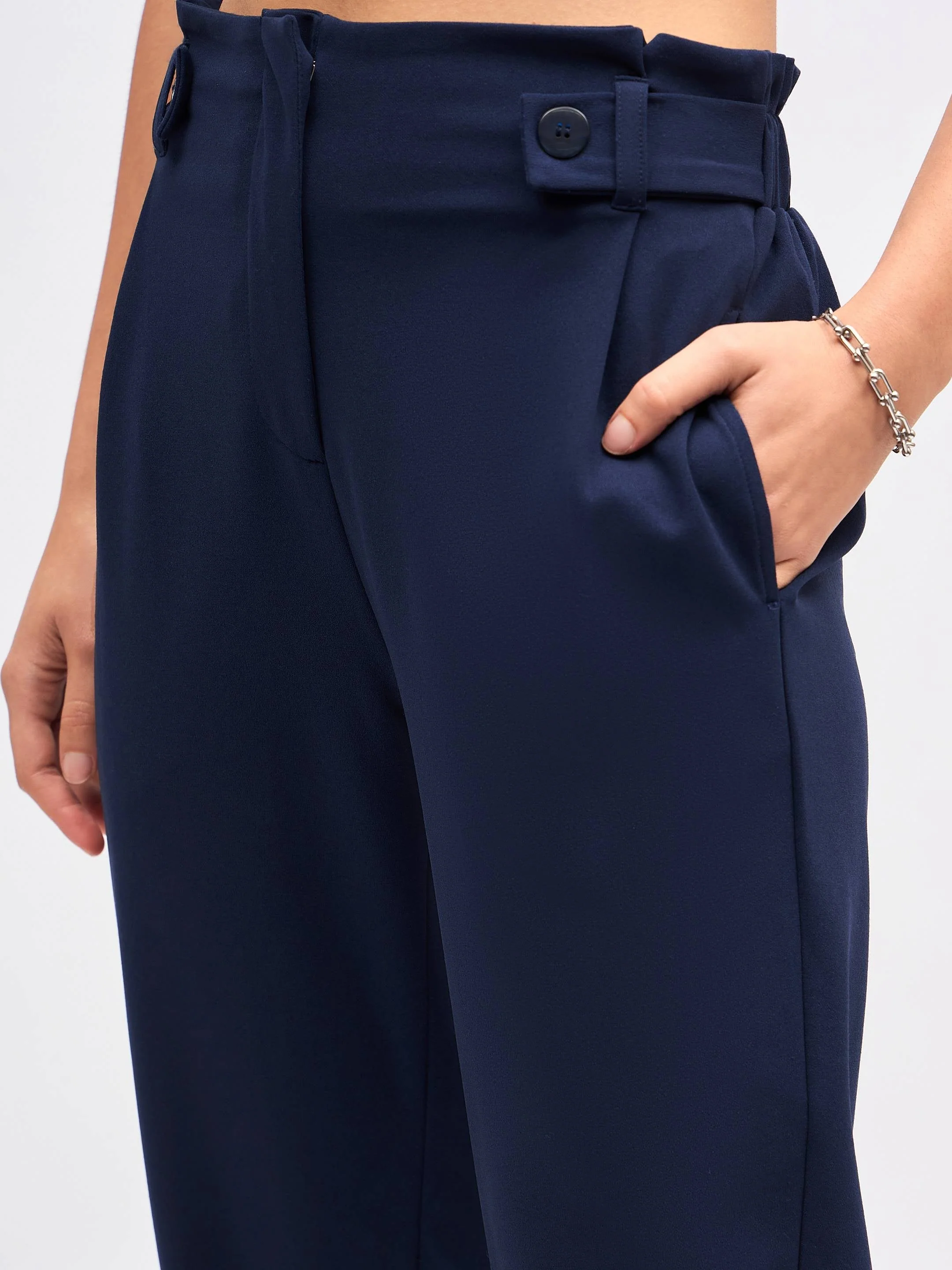 Women Navy Front Button Paperback Waist Pants - Image 4