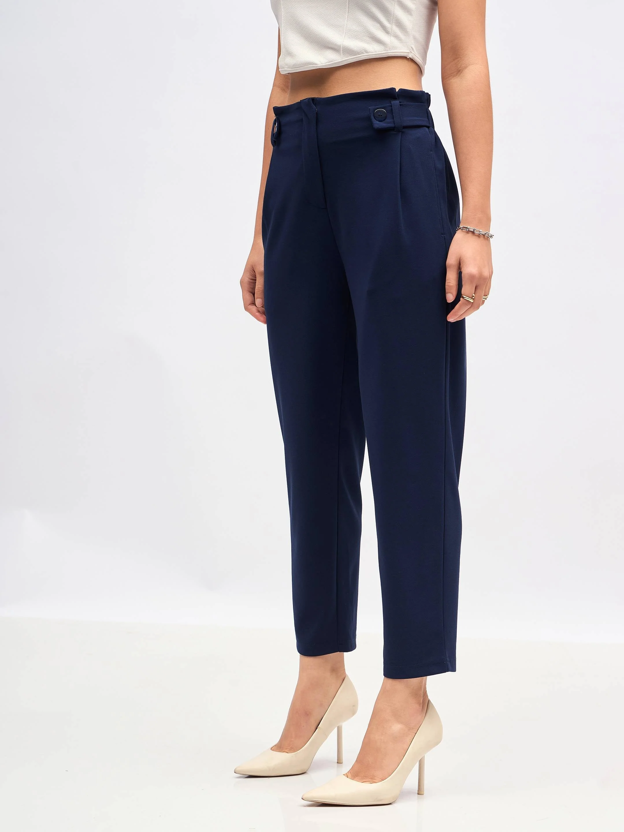 Women Navy Front Button Paperback Waist Pants - Image 5