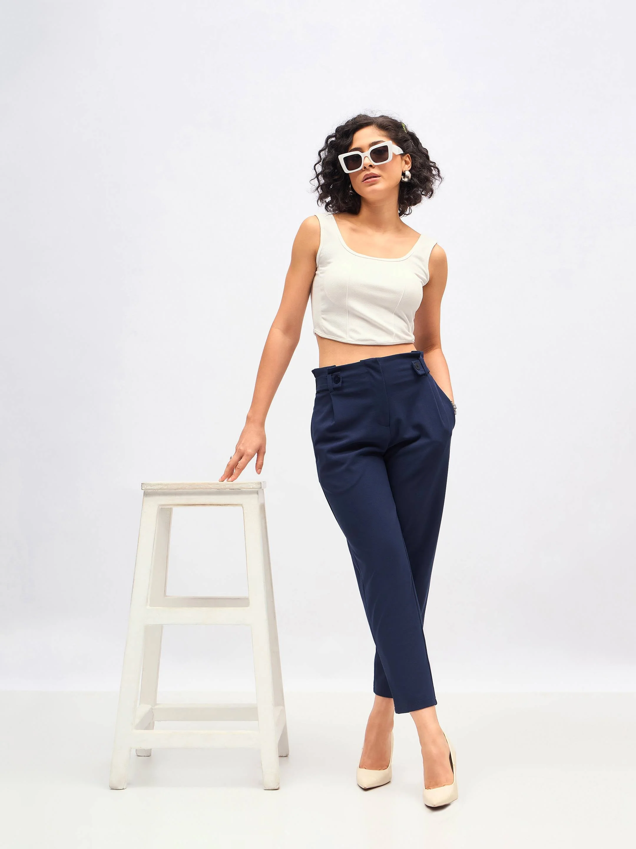 Women Navy Front Button Paperback Waist Pants - Image 6