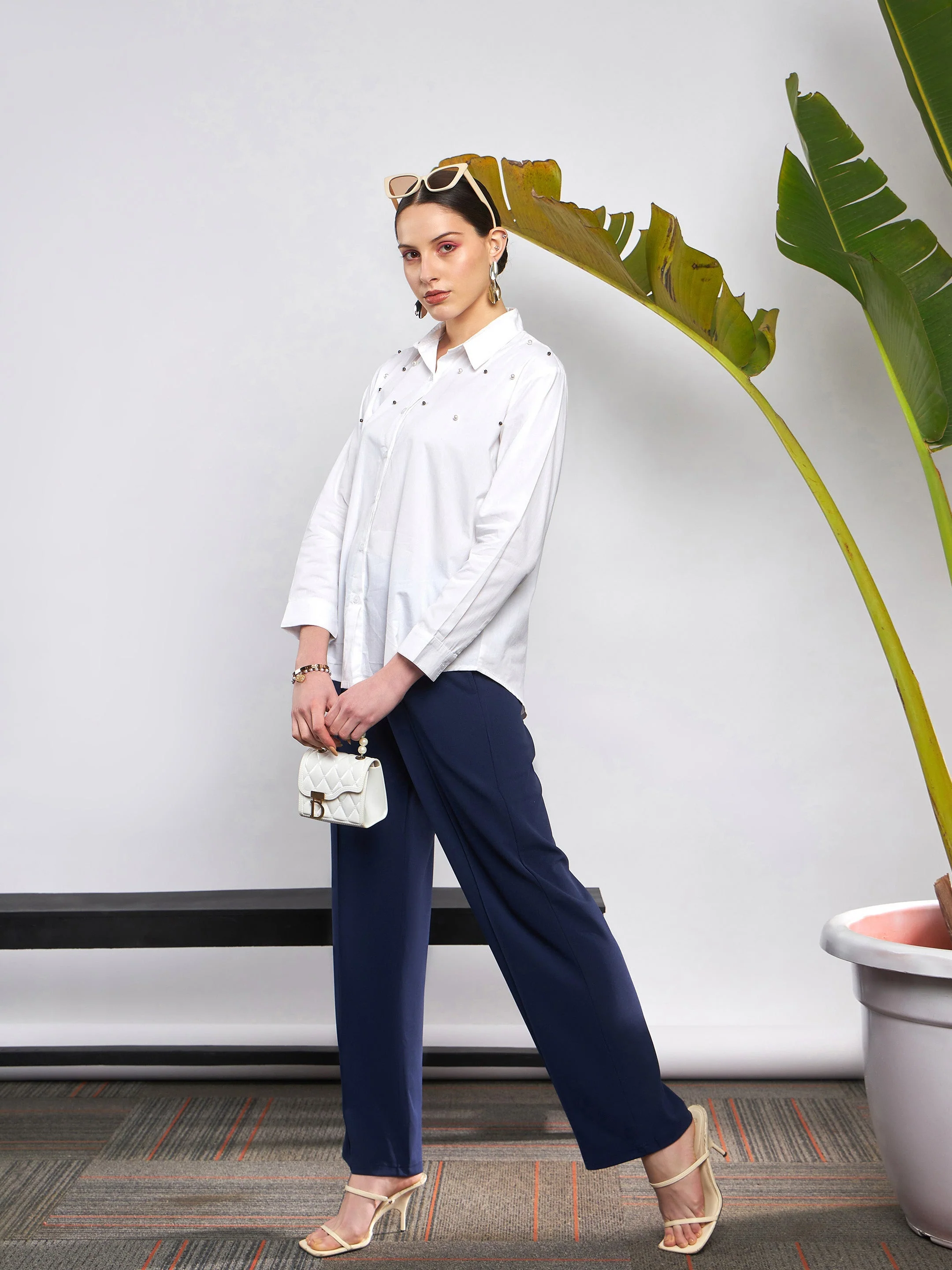 Women Navy Front Darted Knitted Straight Pants - Image 2