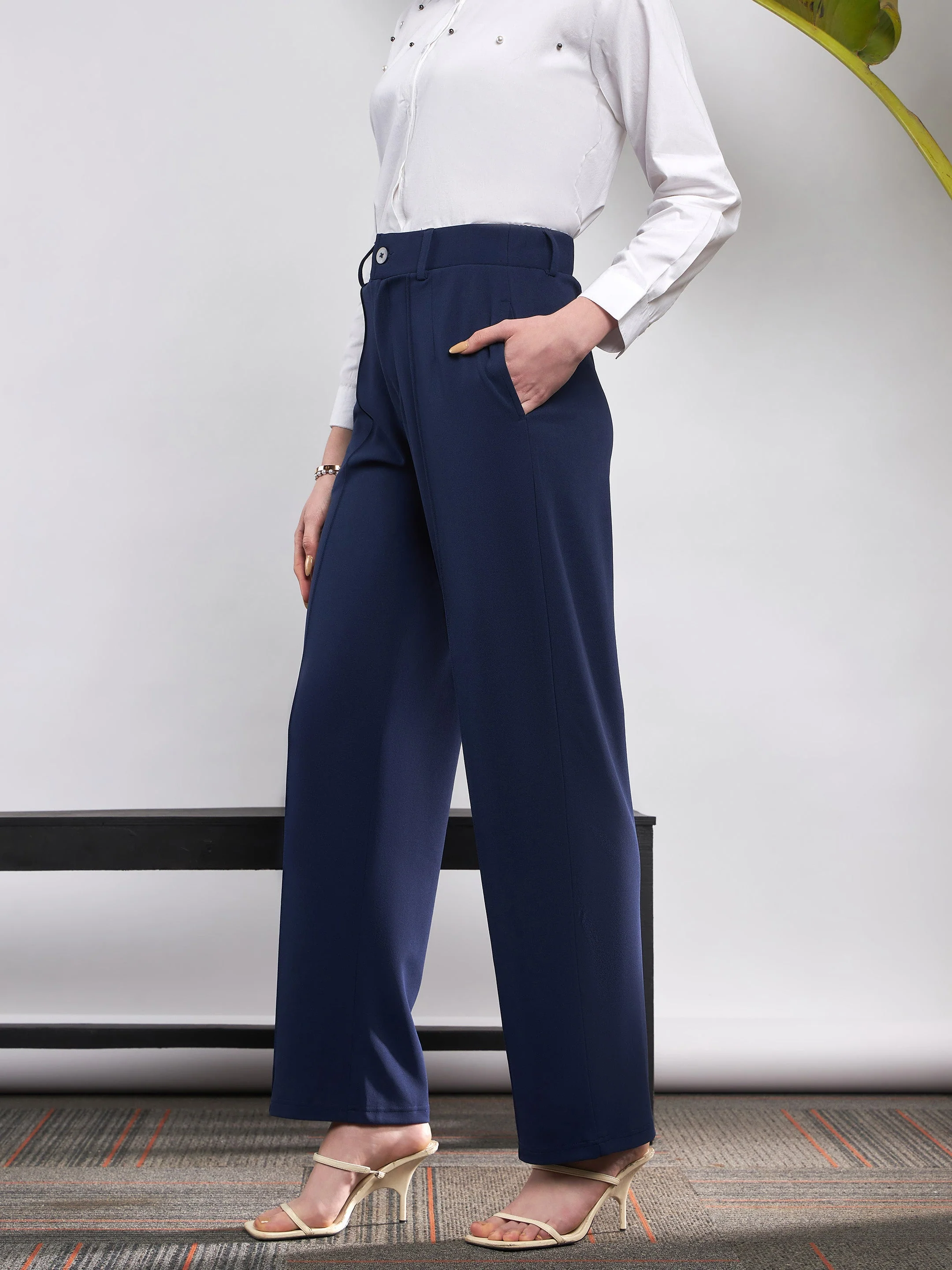 Women Navy Front Darted Knitted Straight Pants - Image 5