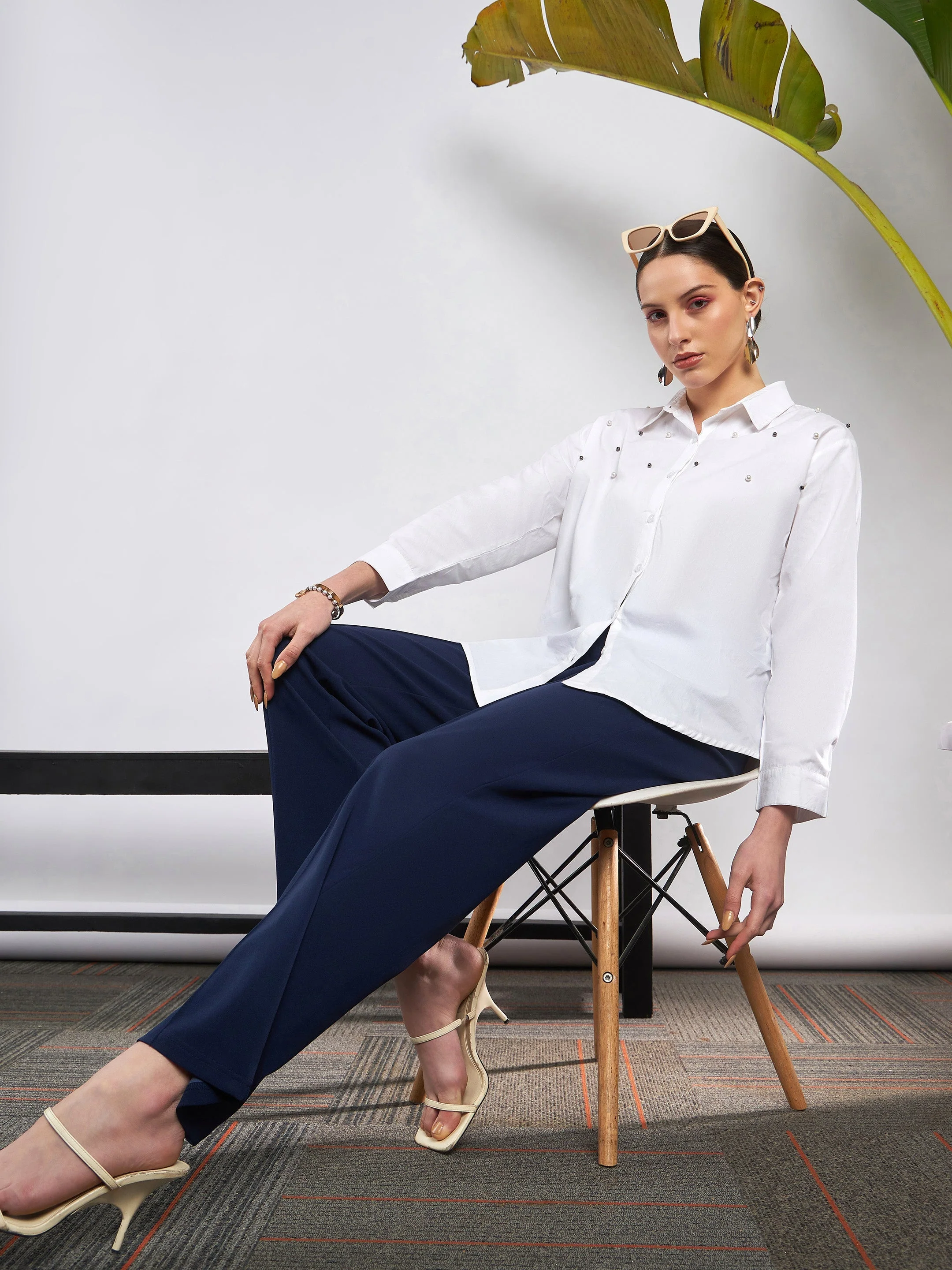 Women Navy Front Darted Knitted Straight Pants - Image 6