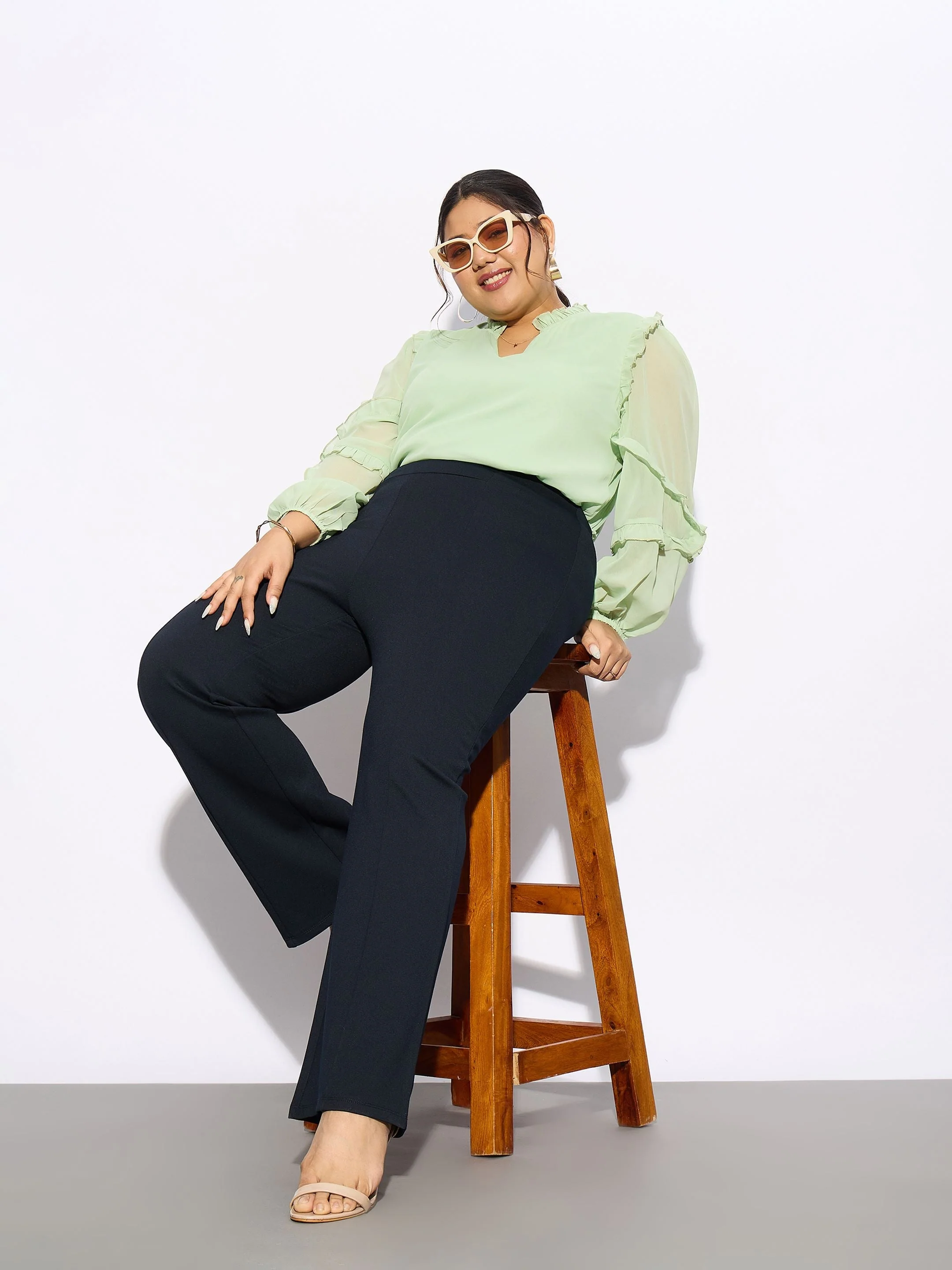 Women Navy Front Seam Straight Pants - Image 2