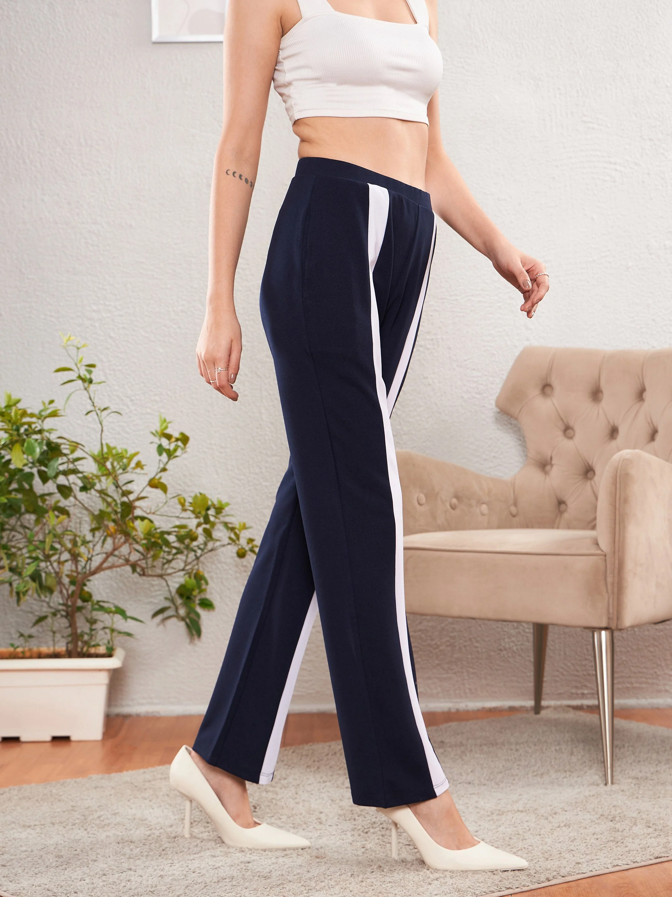 Women Navy Front Tape Bootleg Pants - Image 3