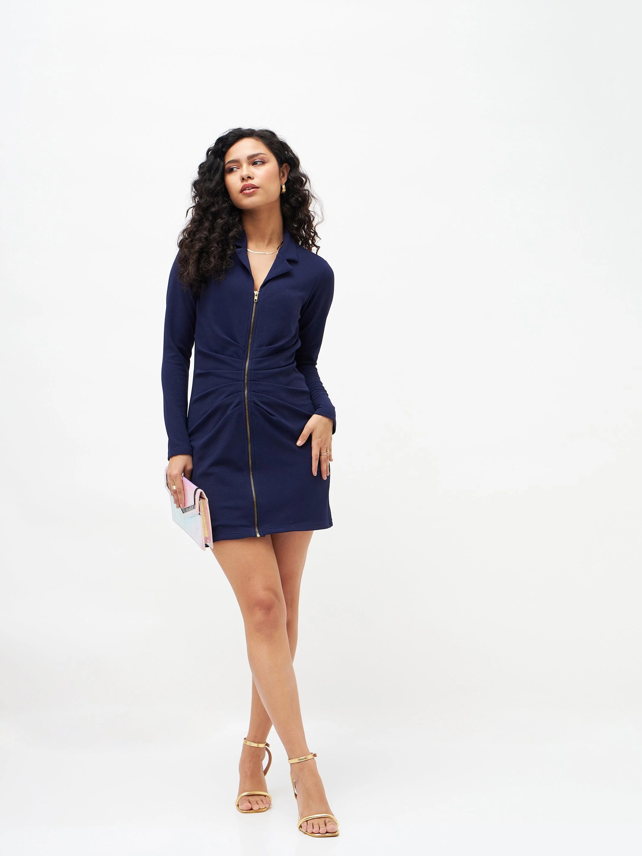 Women Navy Front Zipper Bodycon Dress - Image 3