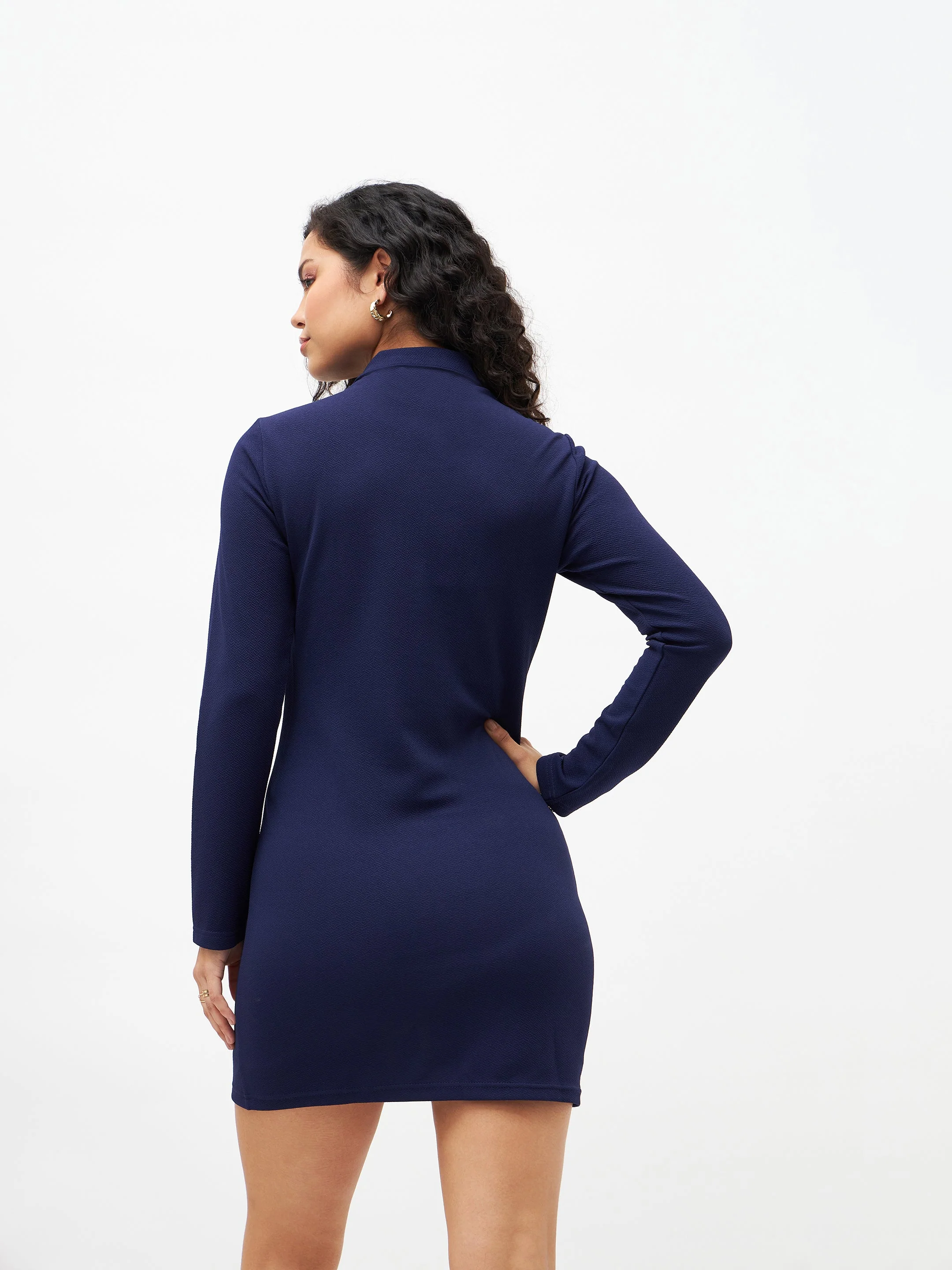 Women Navy Front Zipper Bodycon Dress - Image 4