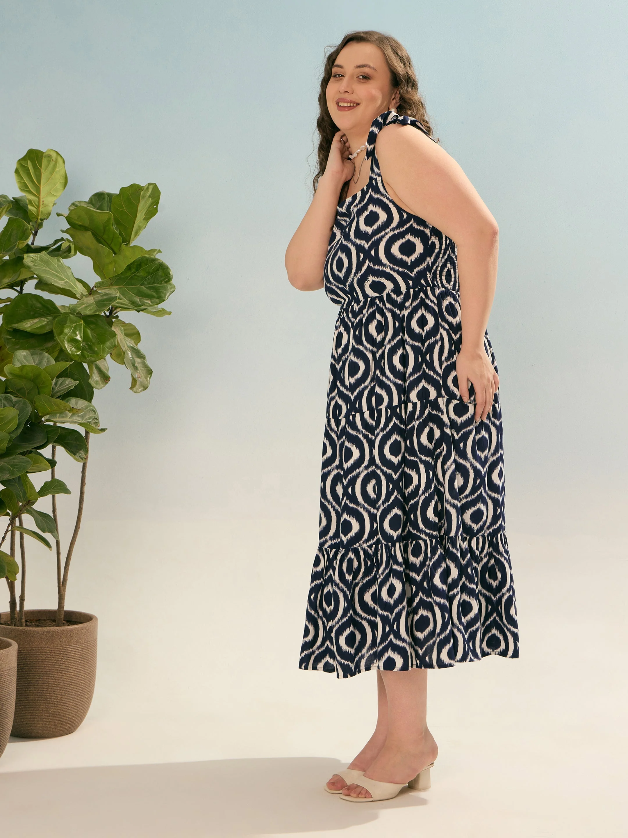 Women Navy Geometric Tie Up Tiered Dress - Image 3