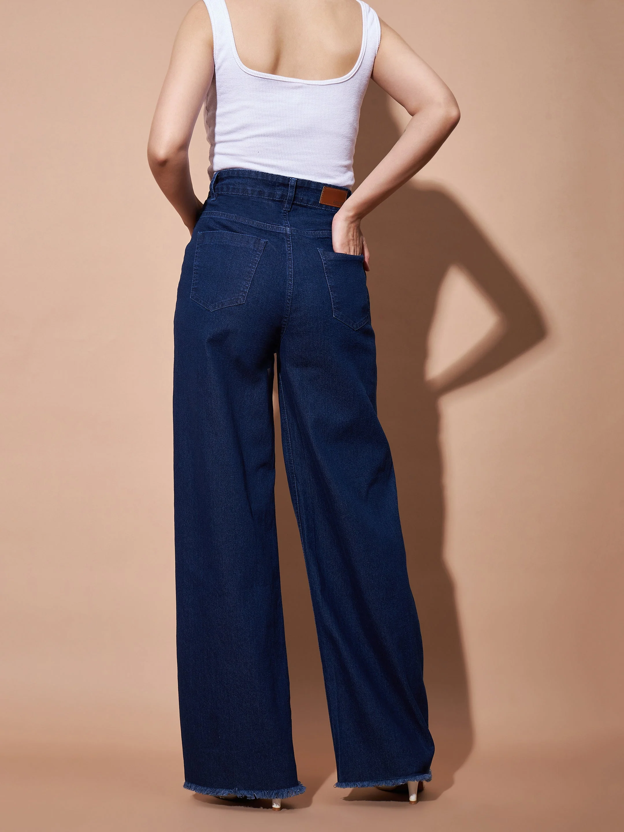 Women Navy High Waist Flap Pocket Straight Jeans - Image 2