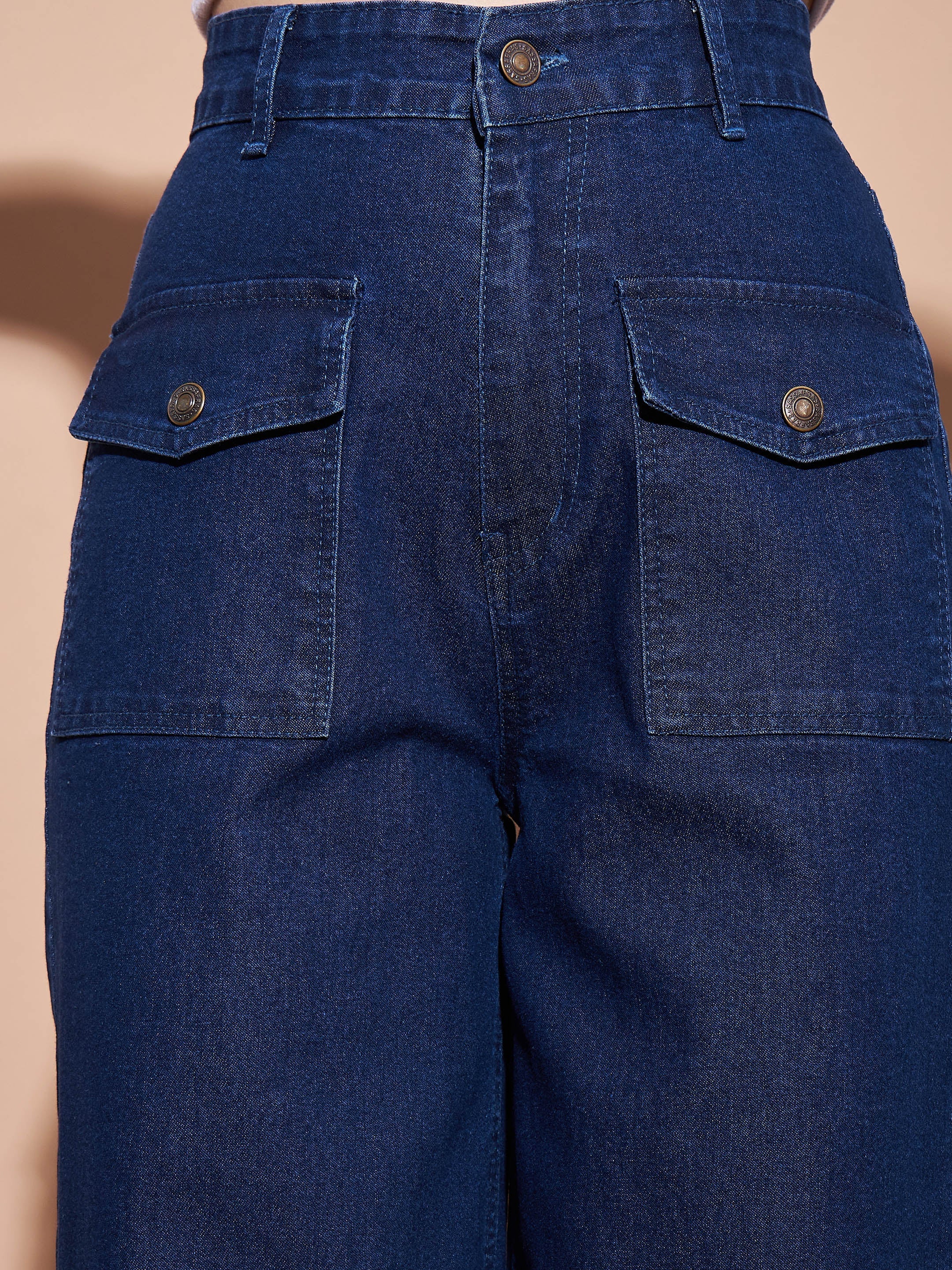 Women Navy High Waist Flap Pocket Straight Jeans - Image 3