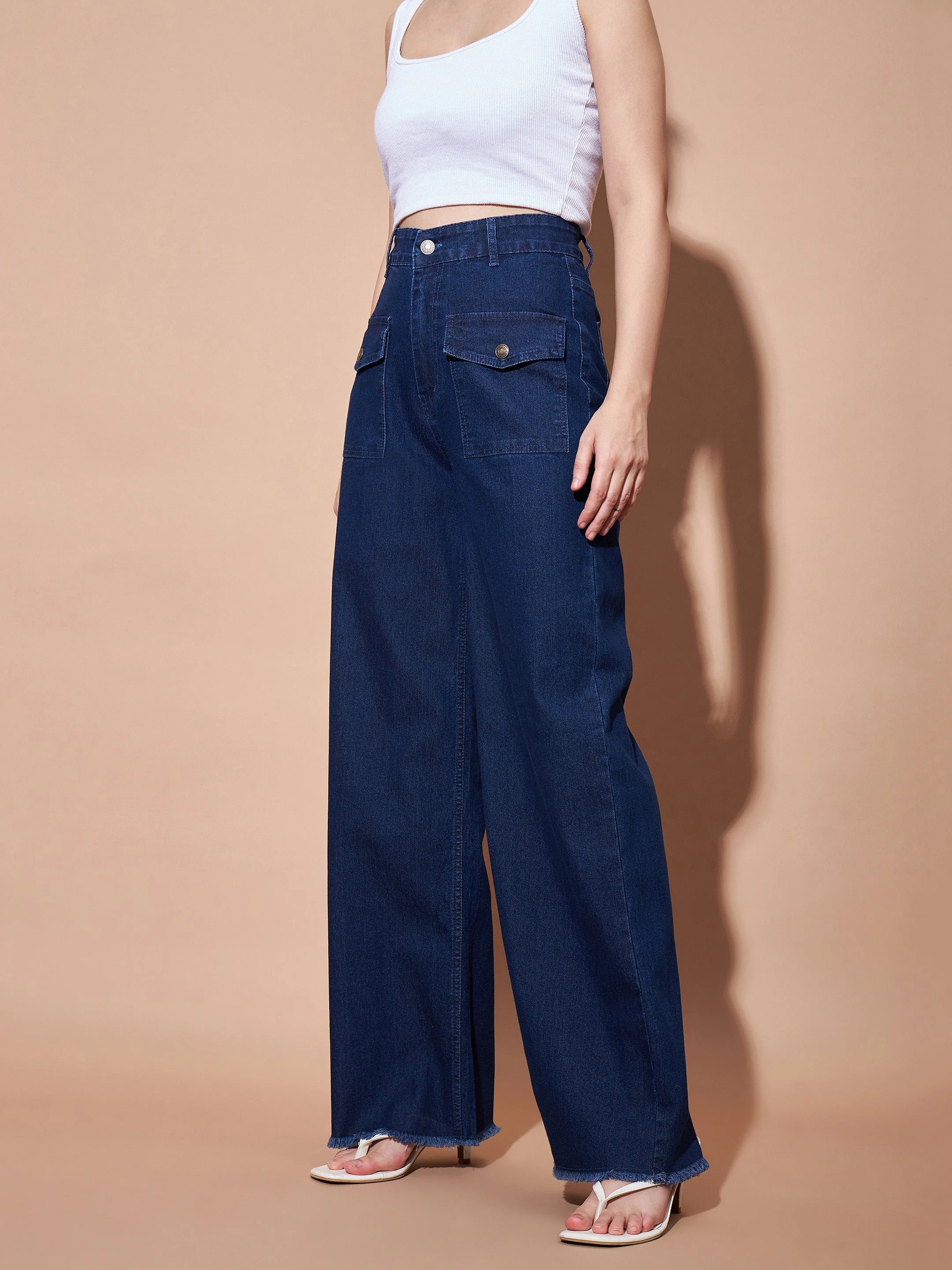 Women Navy High Waist Flap Pocket Straight Jeans - Image 4
