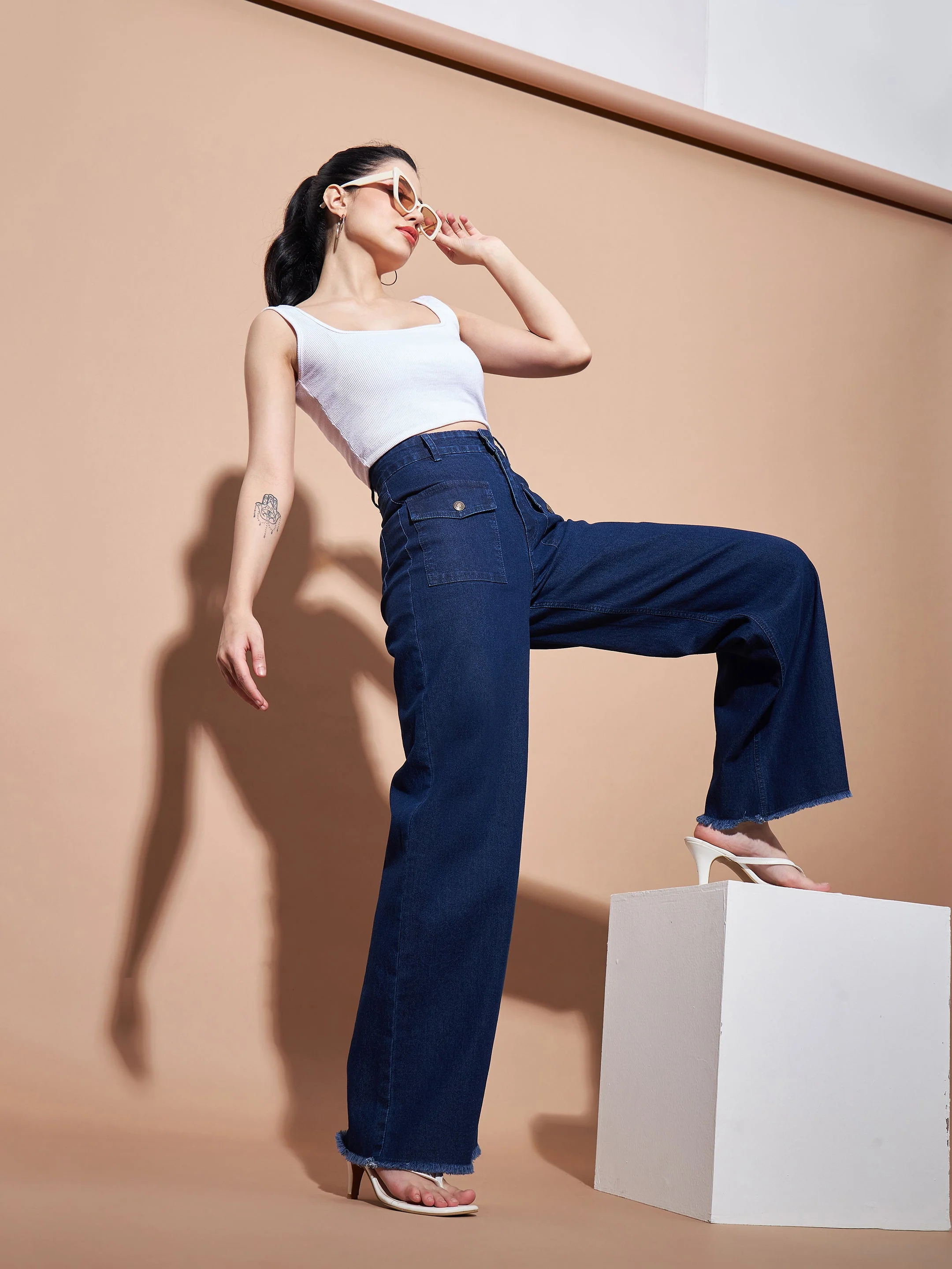 Women Navy High Waist Flap Pocket Straight Jeans - Image 5