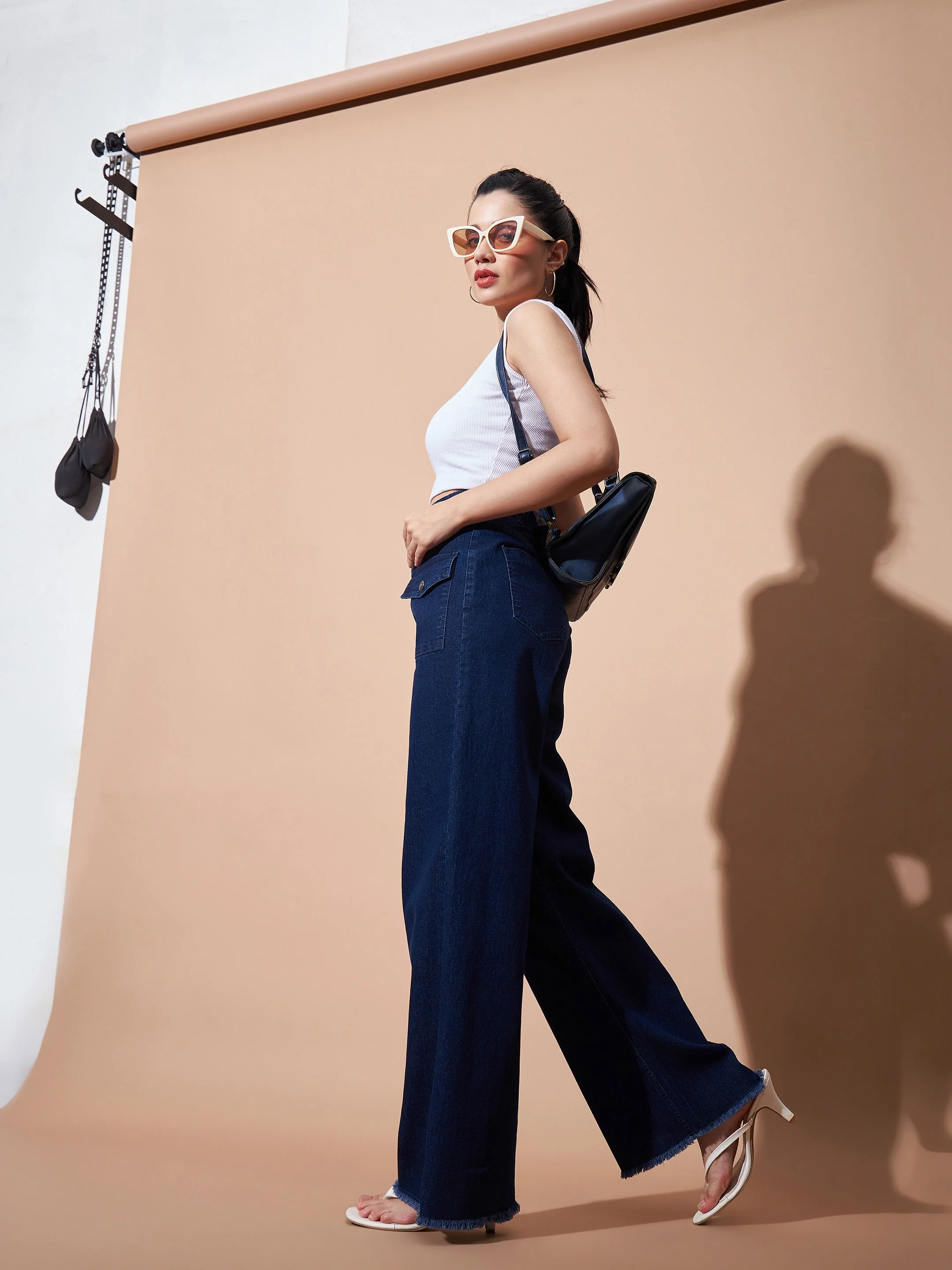 Women Navy High Waist Flap Pocket Straight Jeans - Image 6