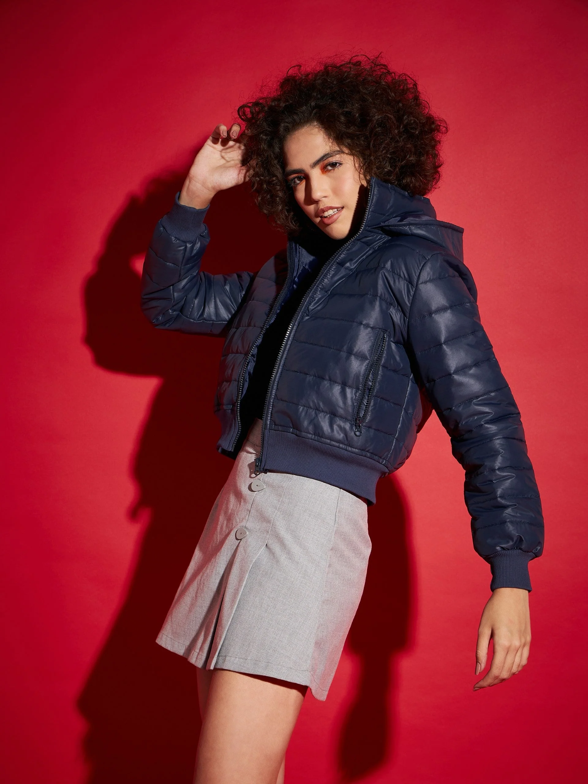 Women Navy Hooded Crop Bomber Jacket - Image 3