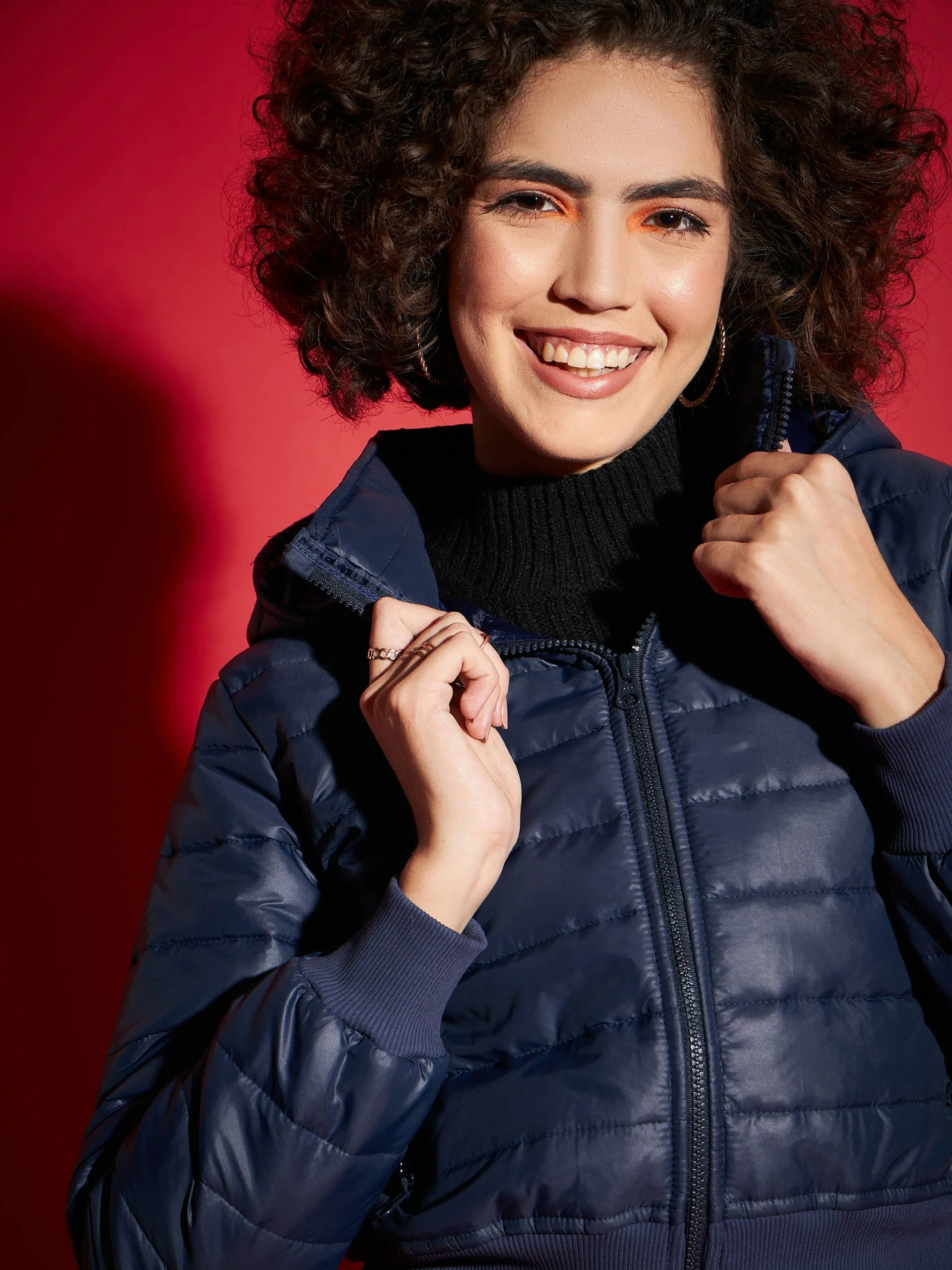 Women Navy Hooded Crop Bomber Jacket - Image 4