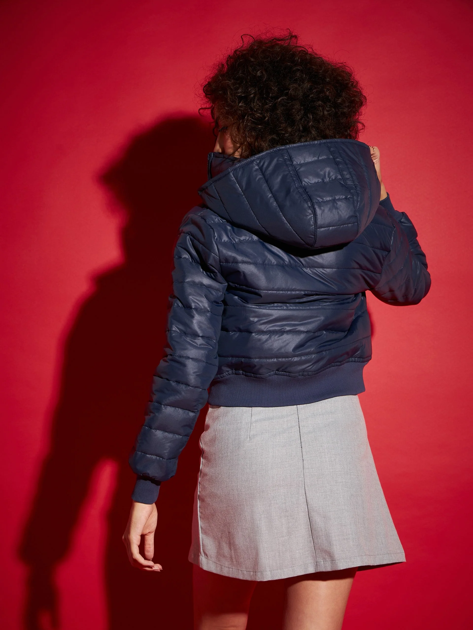 Women Navy Hooded Crop Bomber Jacket - Image 5