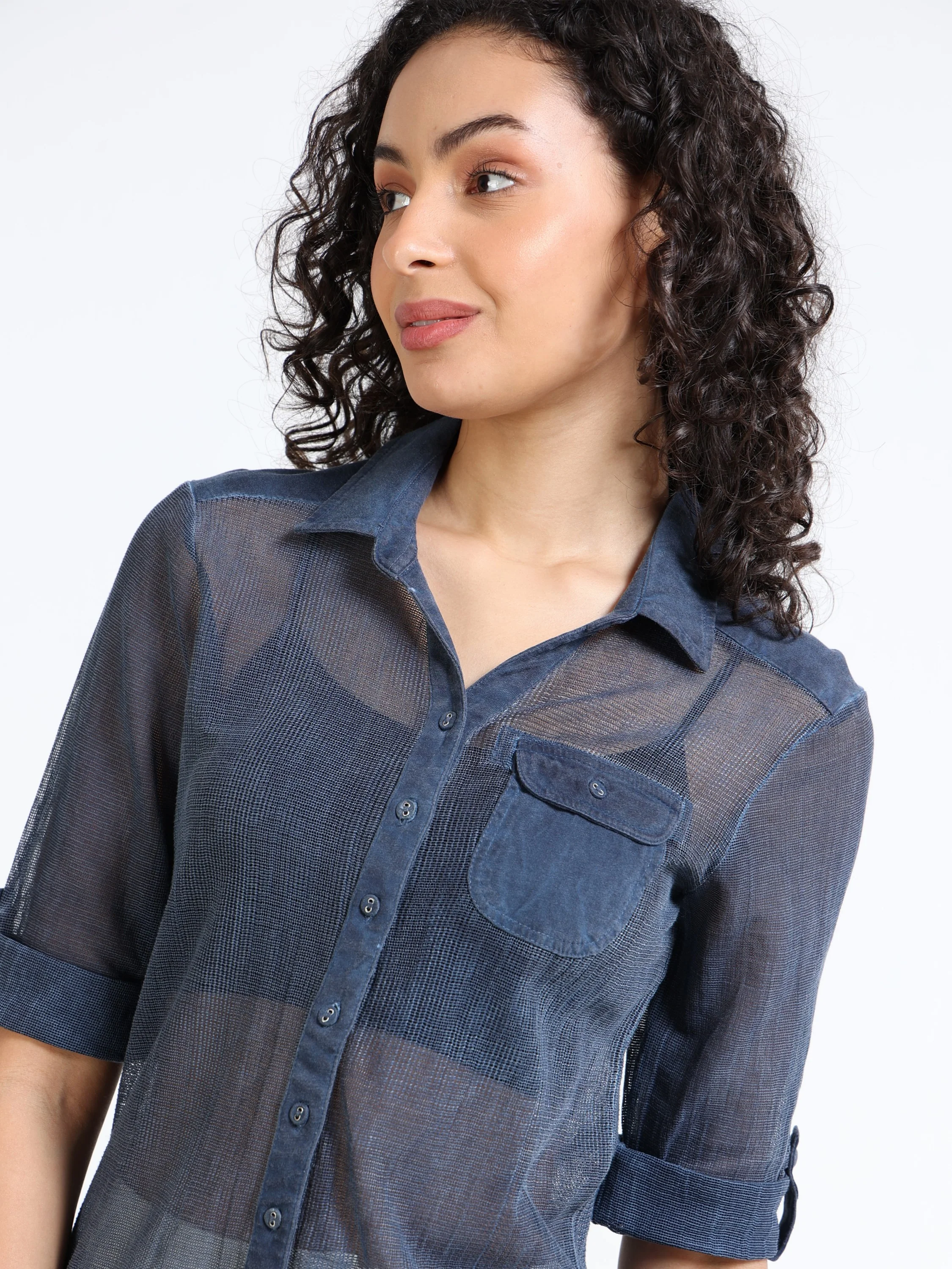 Women Navy Mesh Regular Shirt - Image 3