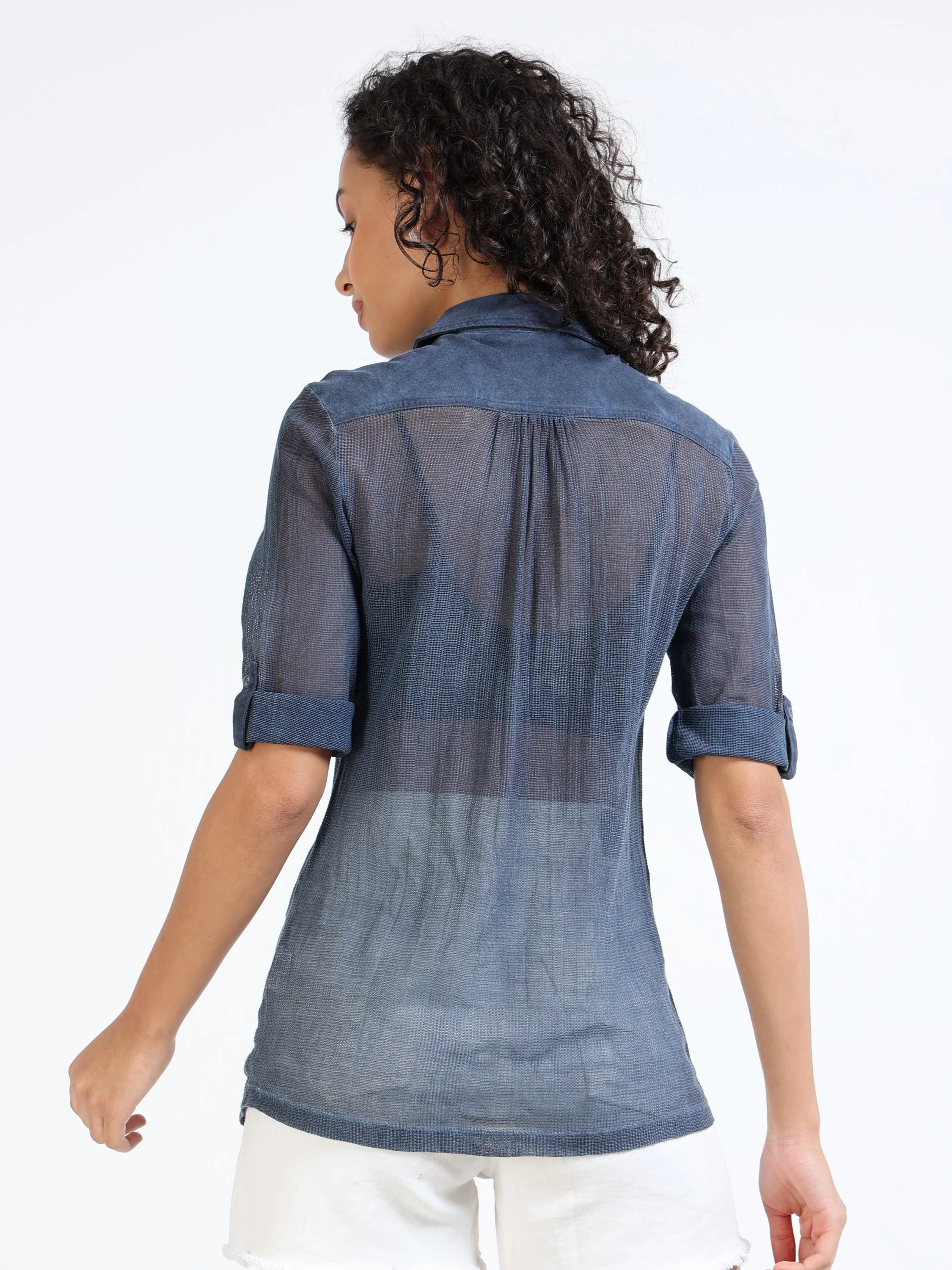 Women Navy Mesh Regular Shirt - Image 4