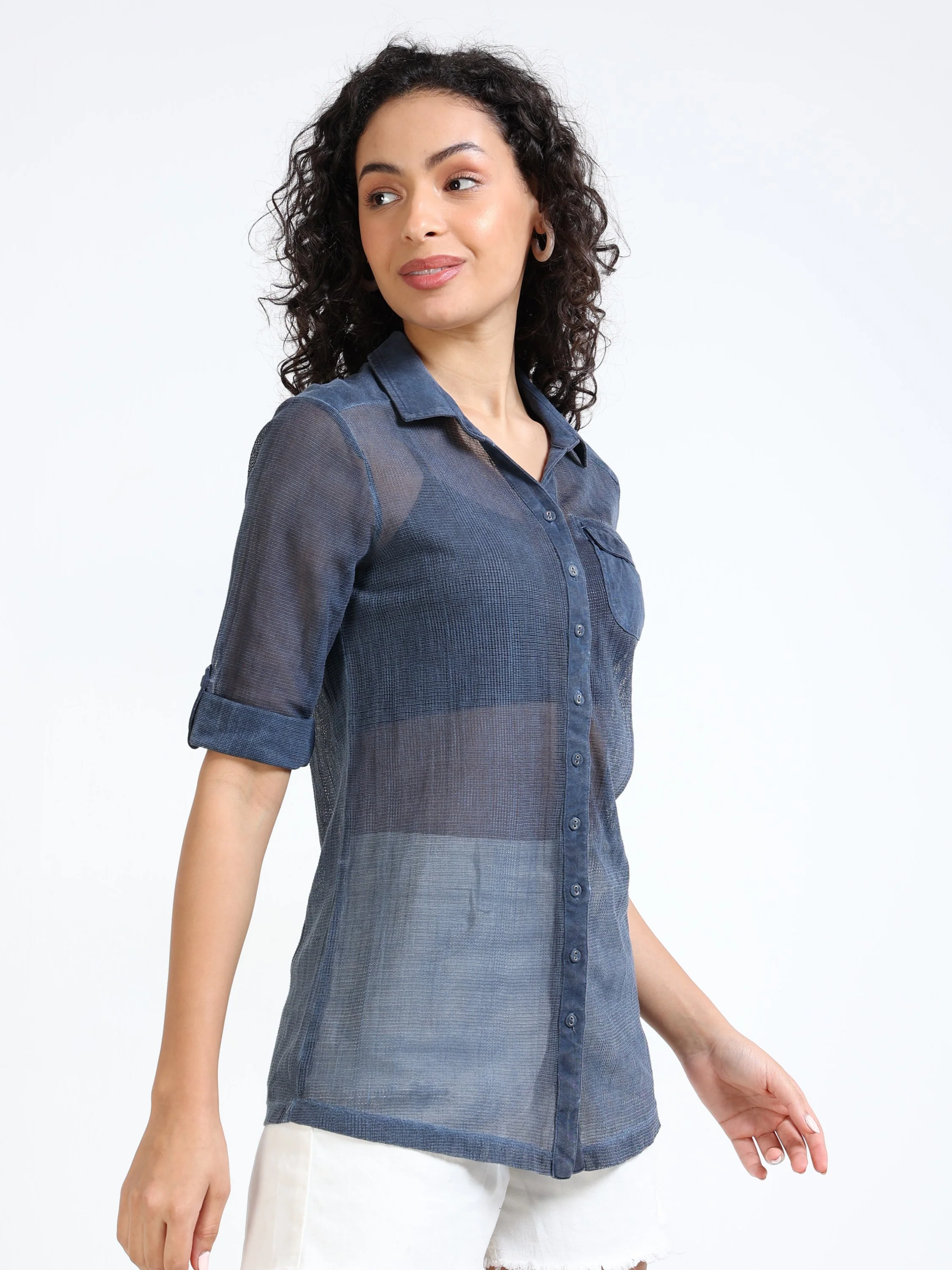Women Navy Mesh Regular Shirt - Image 5