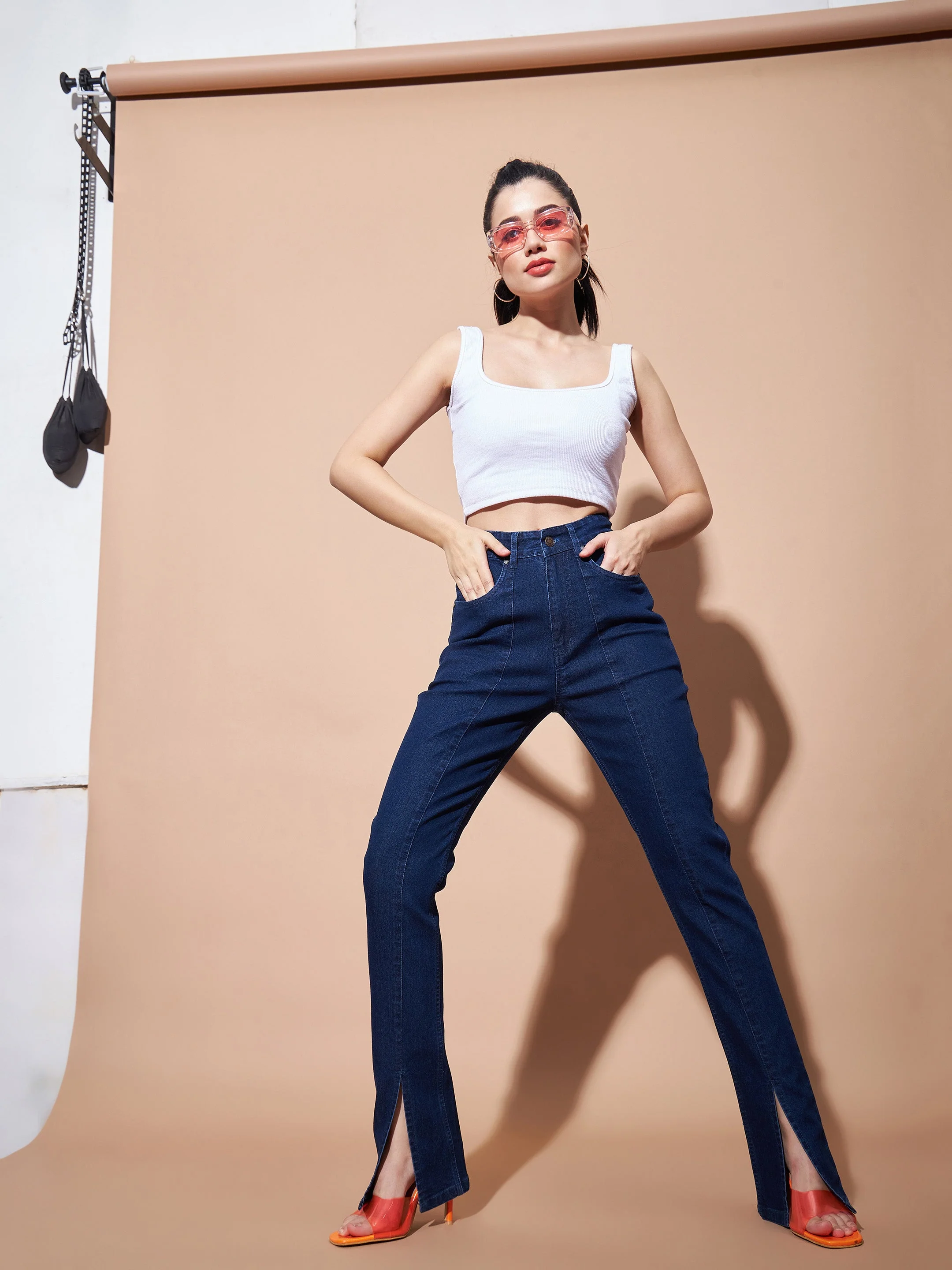 Women Navy Mid Rise Skinny Fit Slit Jeans - Image 2
