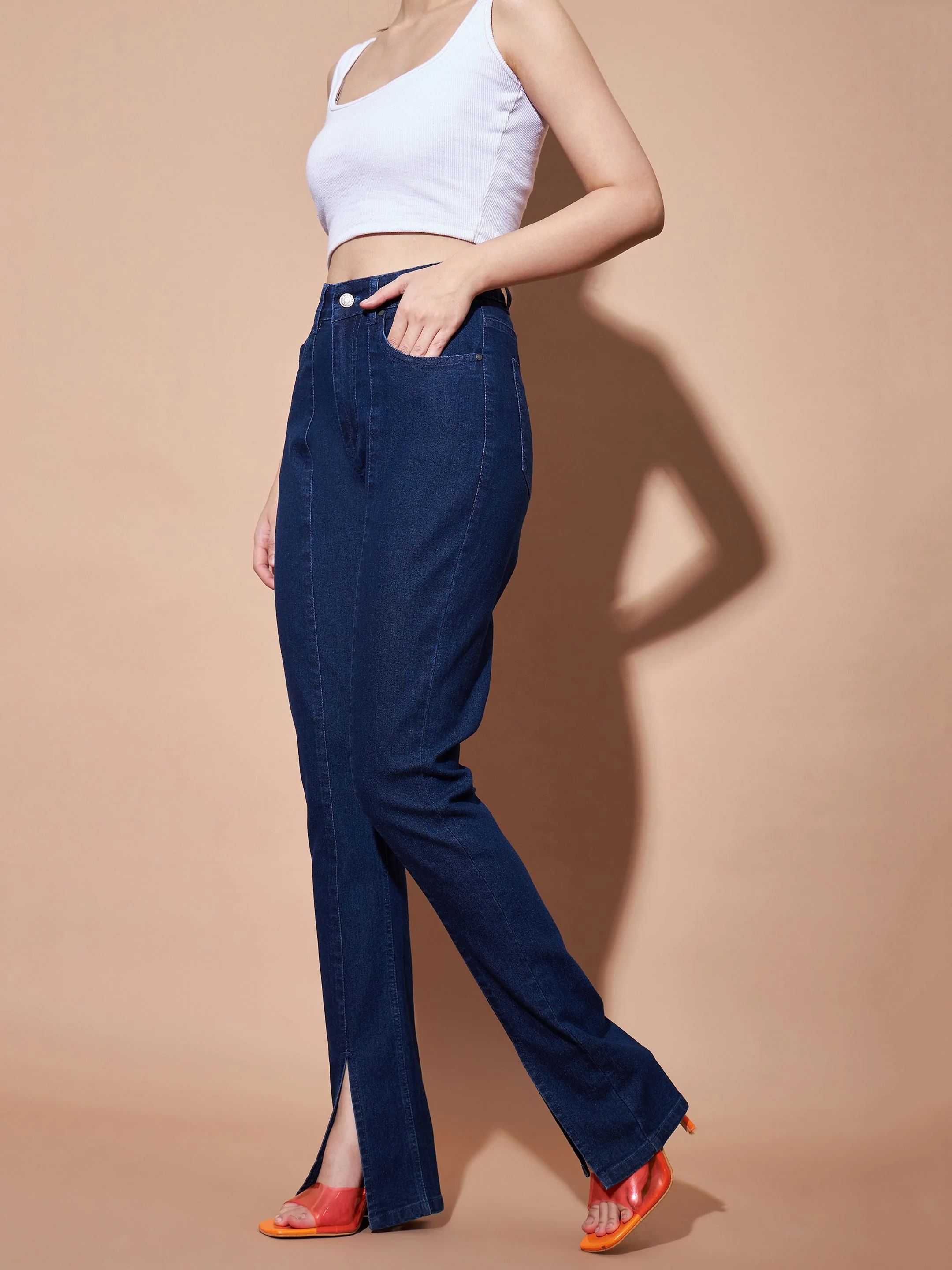 Women Navy Mid Rise Skinny Fit Slit Jeans - Image 3