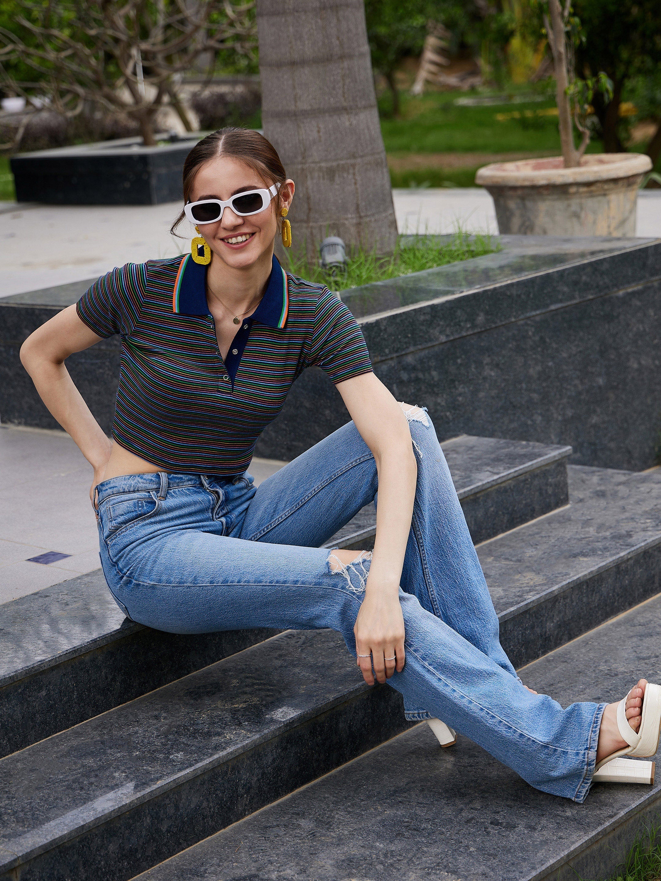 Women Navy Multi Striped Polo Neck Rib Crop Top - Image 2