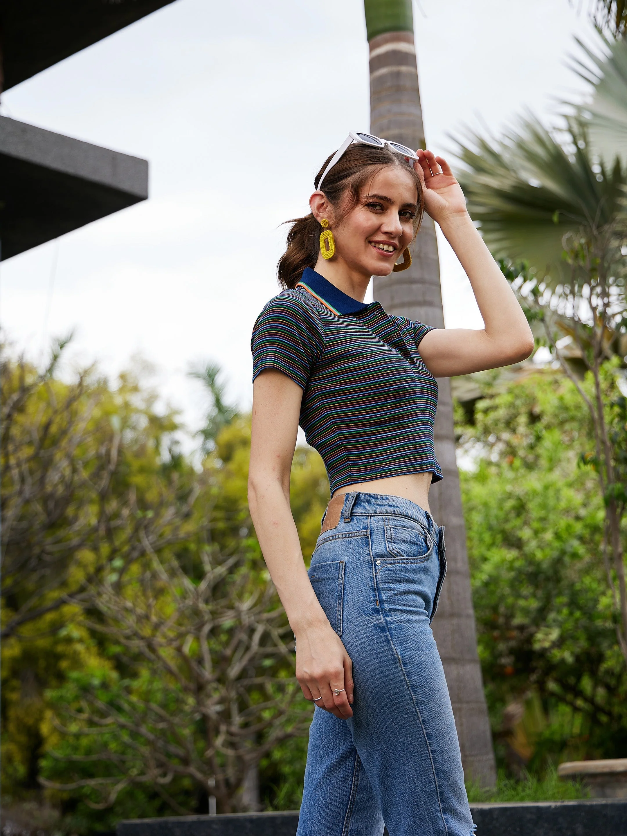 Women Navy Multi Striped Polo Neck Rib Crop Top - Image 3