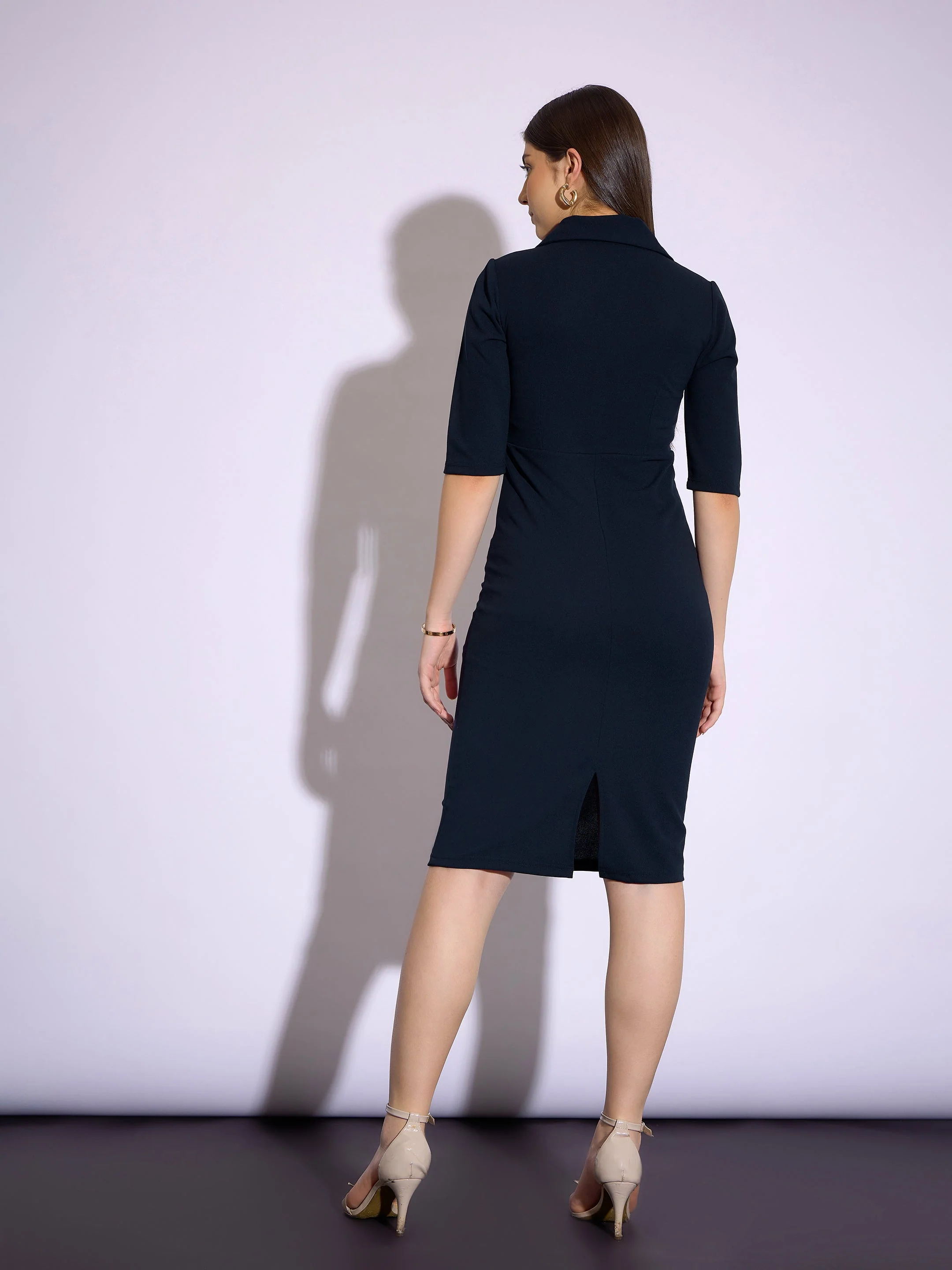 Women Navy Notch Collar Short Sleeve Midi Dress - Image 2