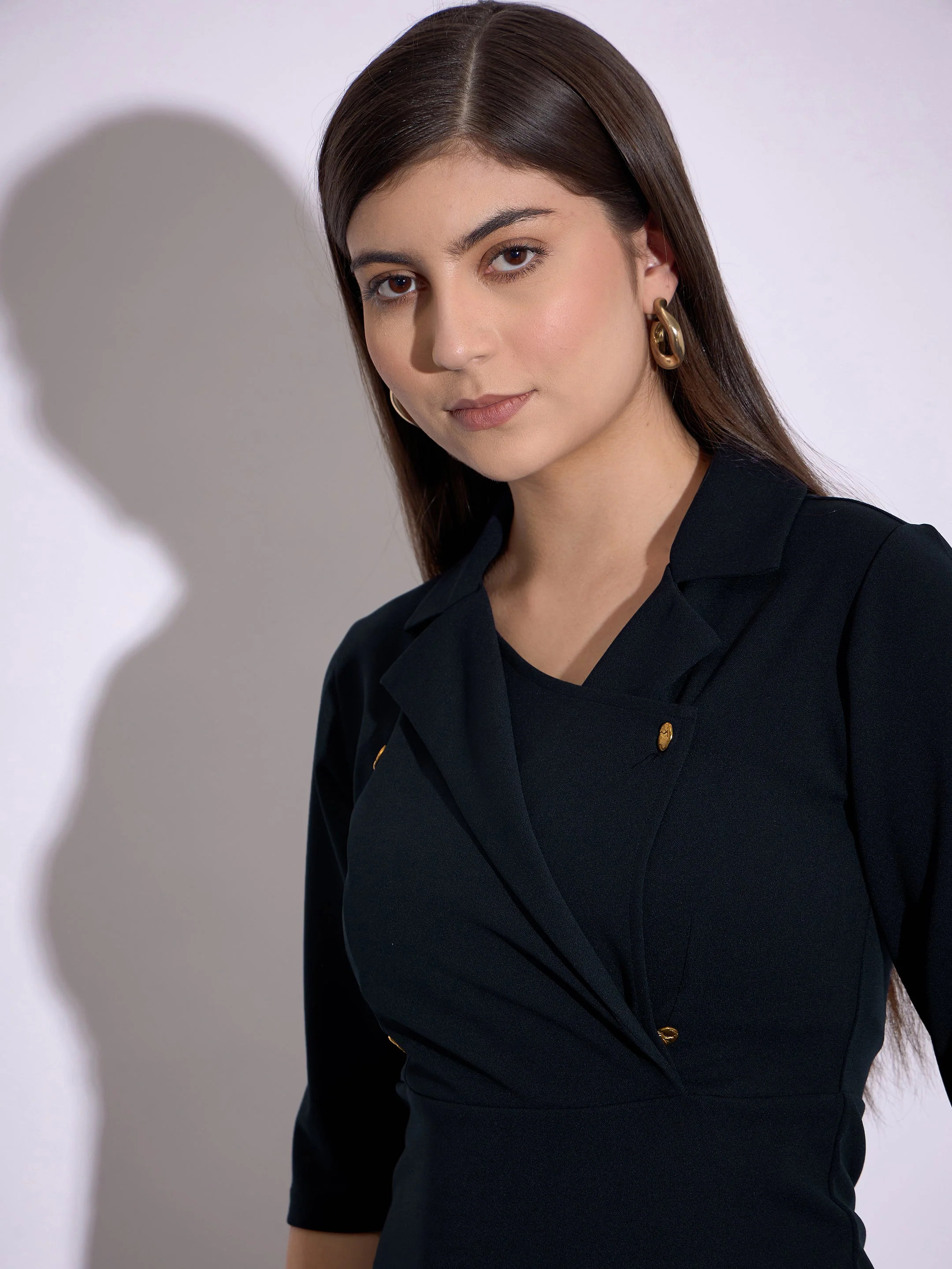Women Navy Notch Collar Short Sleeve Midi Dress - Image 3