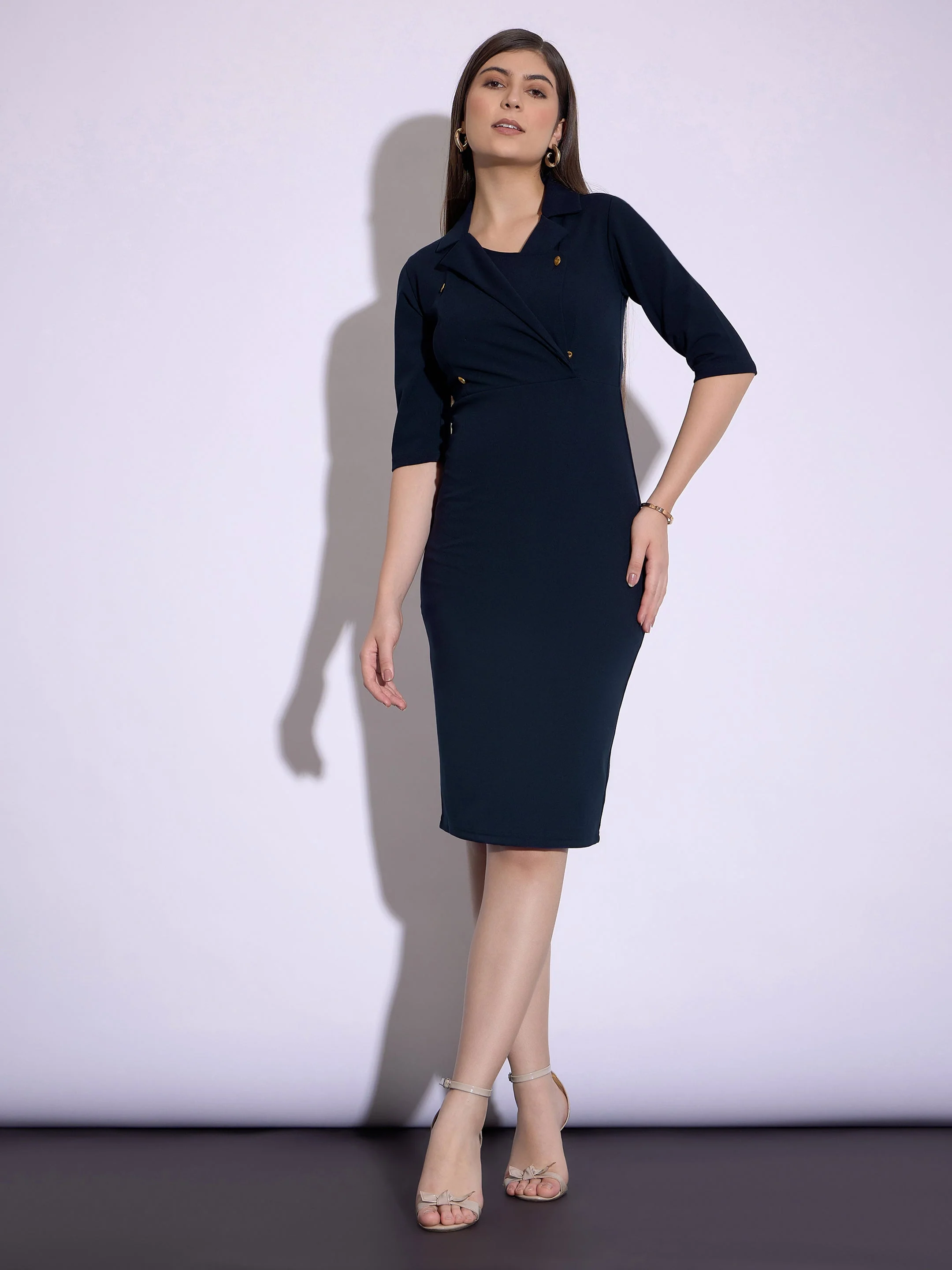 Women Navy Notch Collar Short Sleeve Midi Dress - Image 6