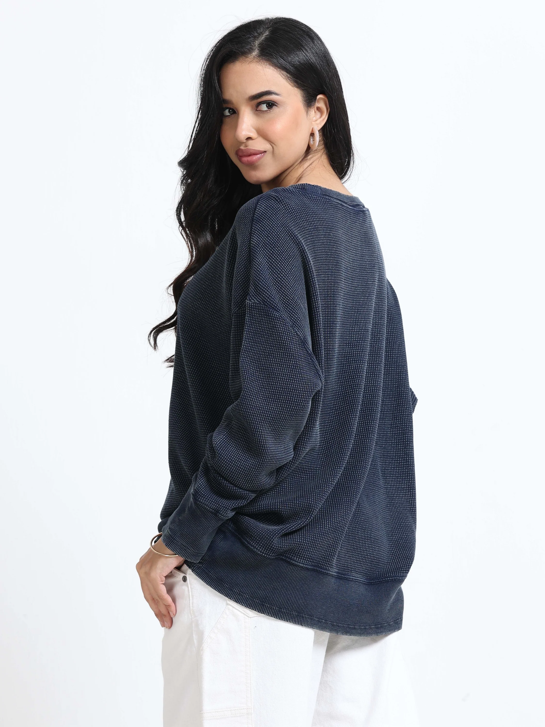 Women Waffle Textured Sweater - Image 2