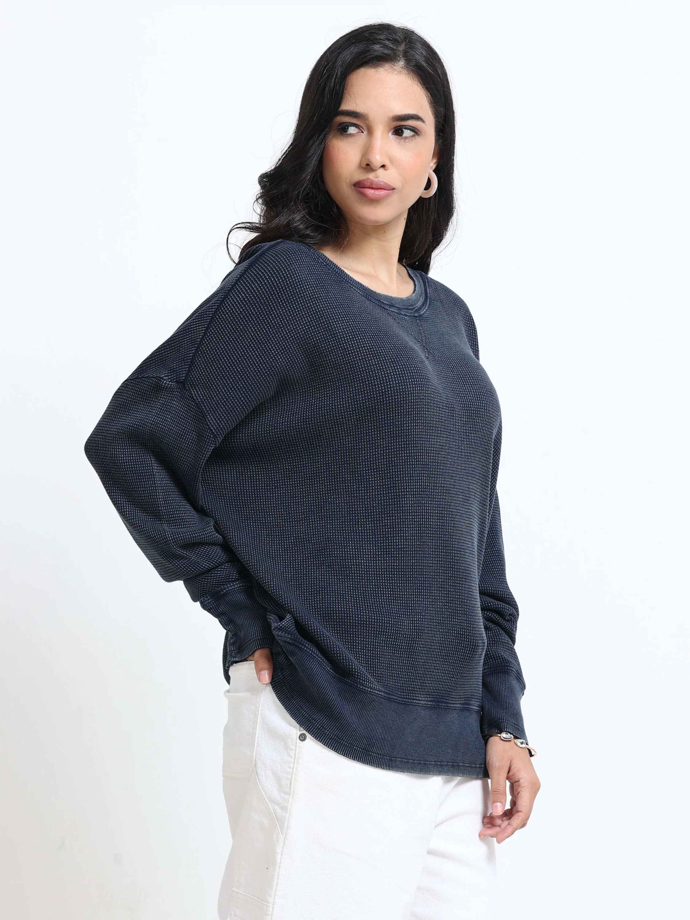 Women Waffle Textured Sweater - Image 3
