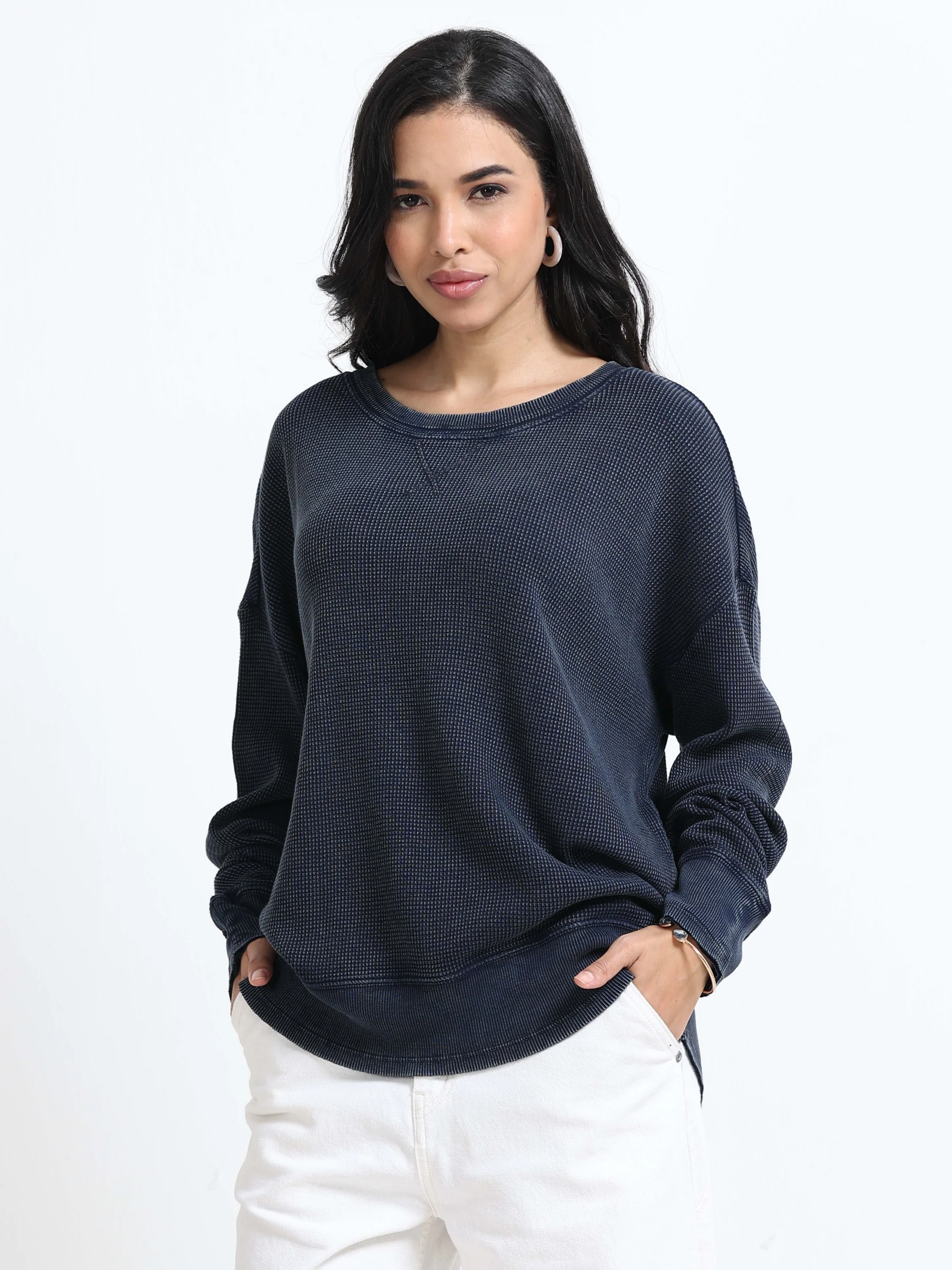 Women Waffle Textured Sweater - Image 6