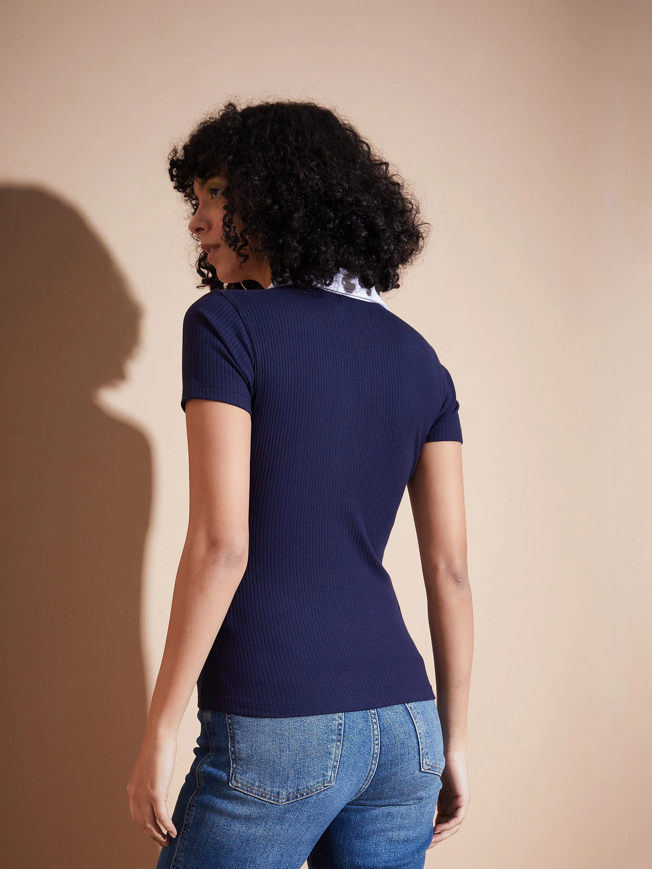 Women Navy Rib Contrast Polo Neck Top - Image 2