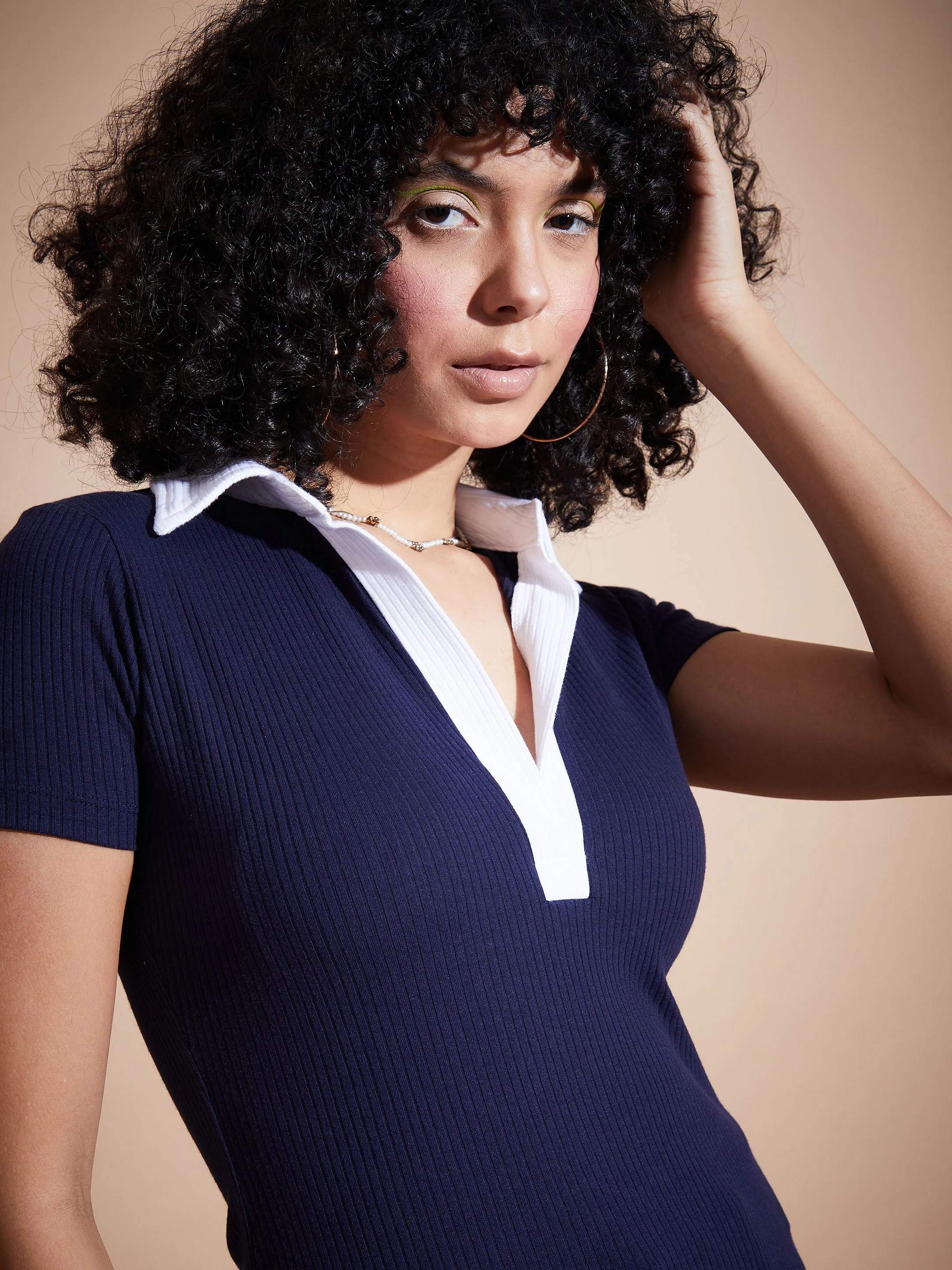 Women Navy Rib Contrast Polo Neck Top - Image 3