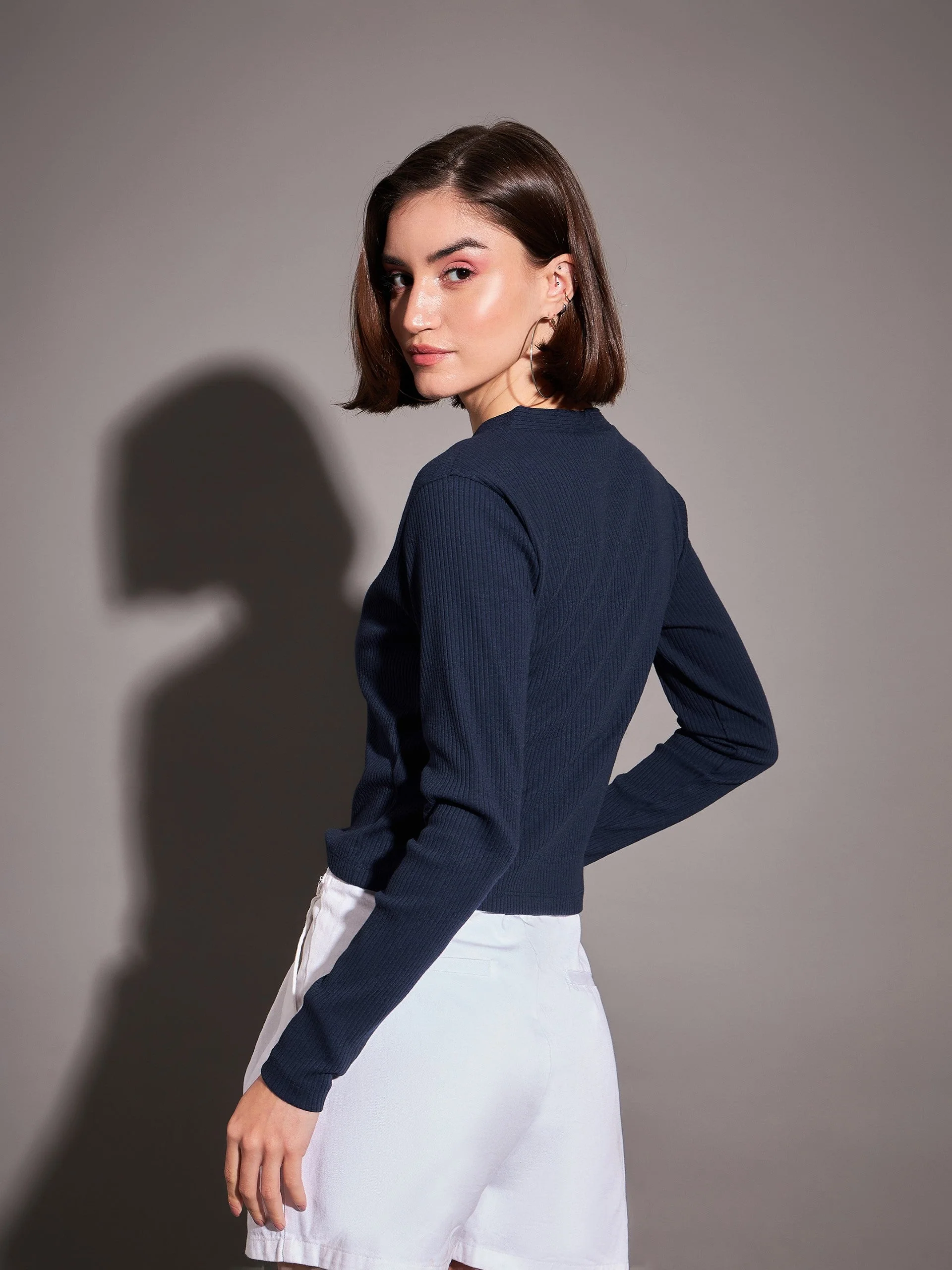 Women Navy Rib Front Open Cardigan Top - Image 3
