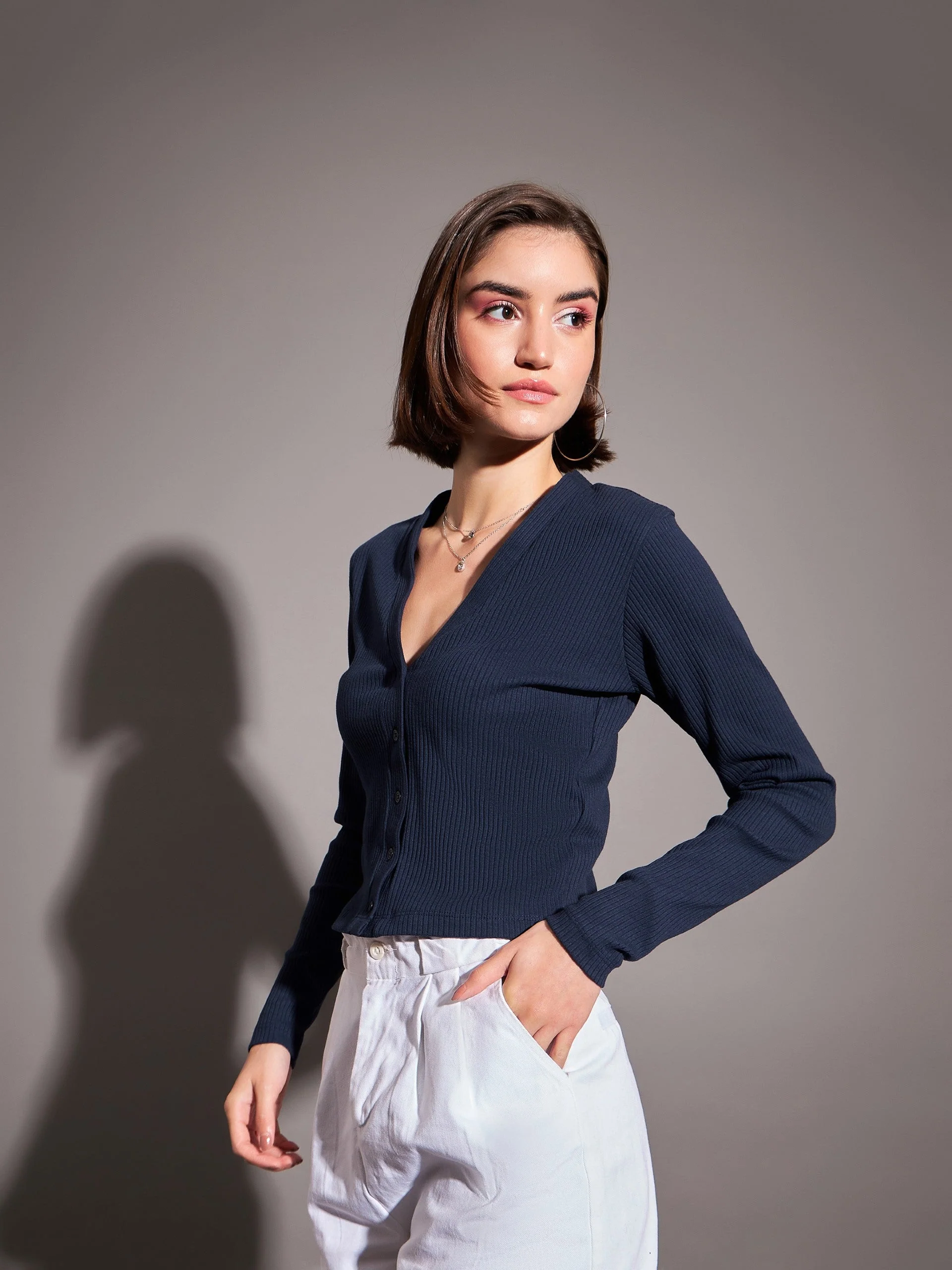 Women Navy Rib Front Open Cardigan Top - Image 4