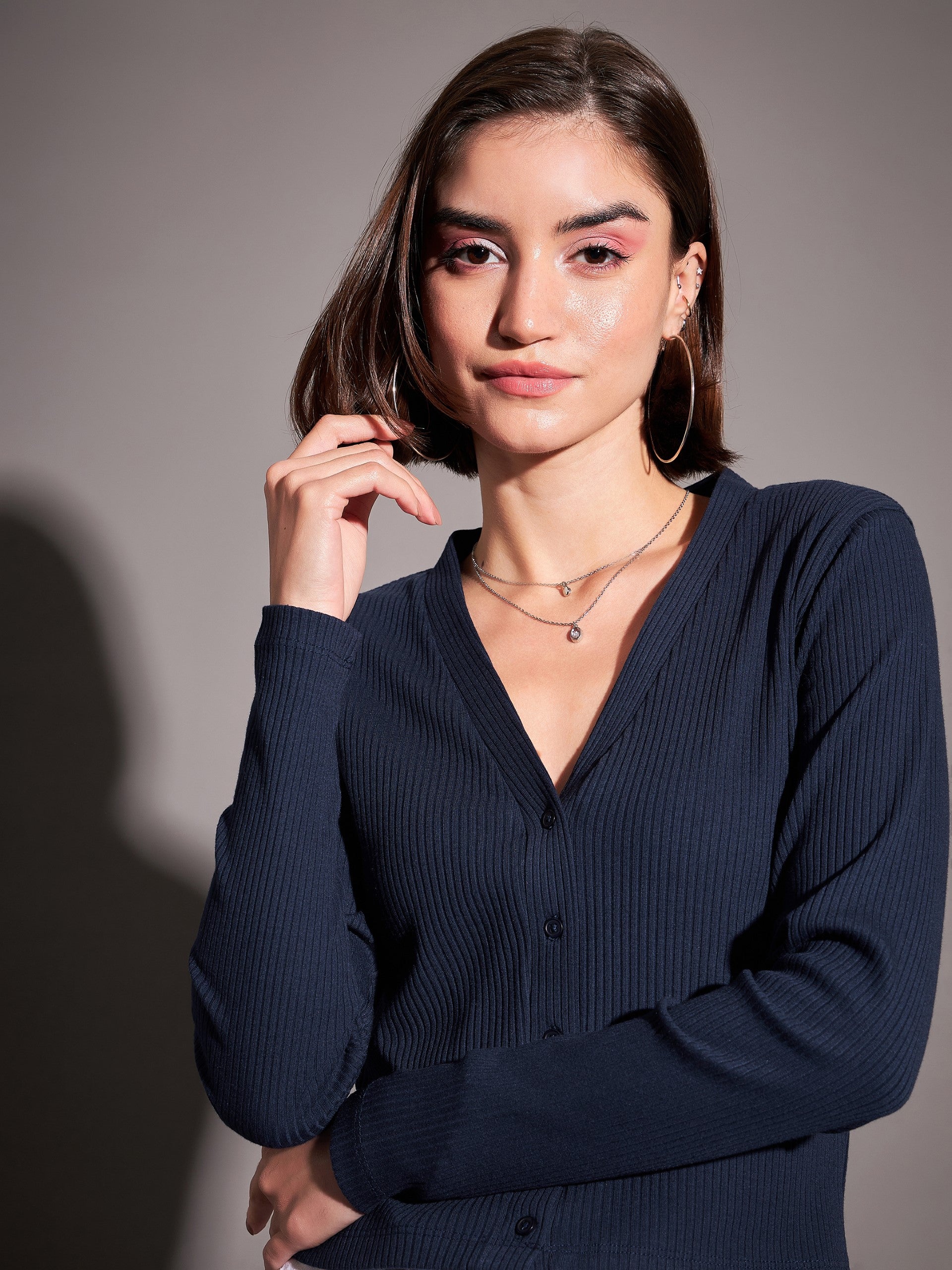 Women Navy Rib Front Open Cardigan Top - Image 5