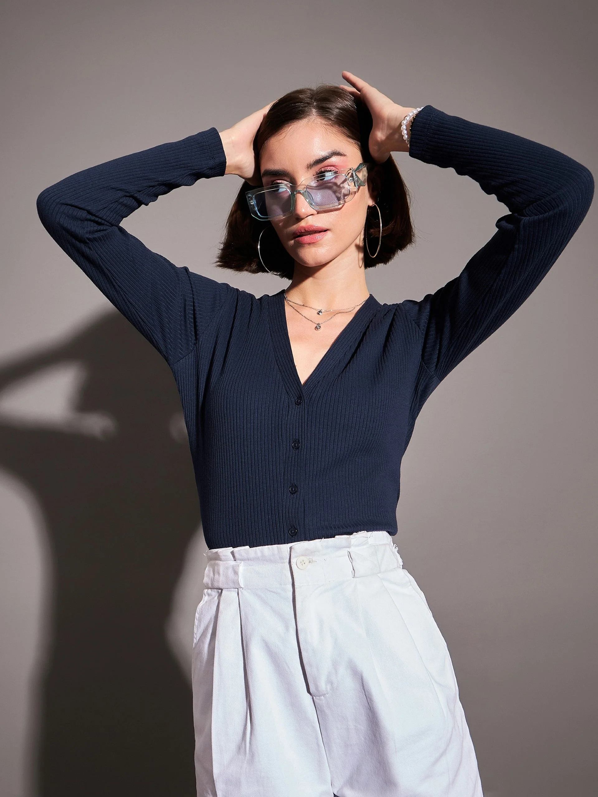 Women Navy Rib Front Open Cardigan Top - Image 6