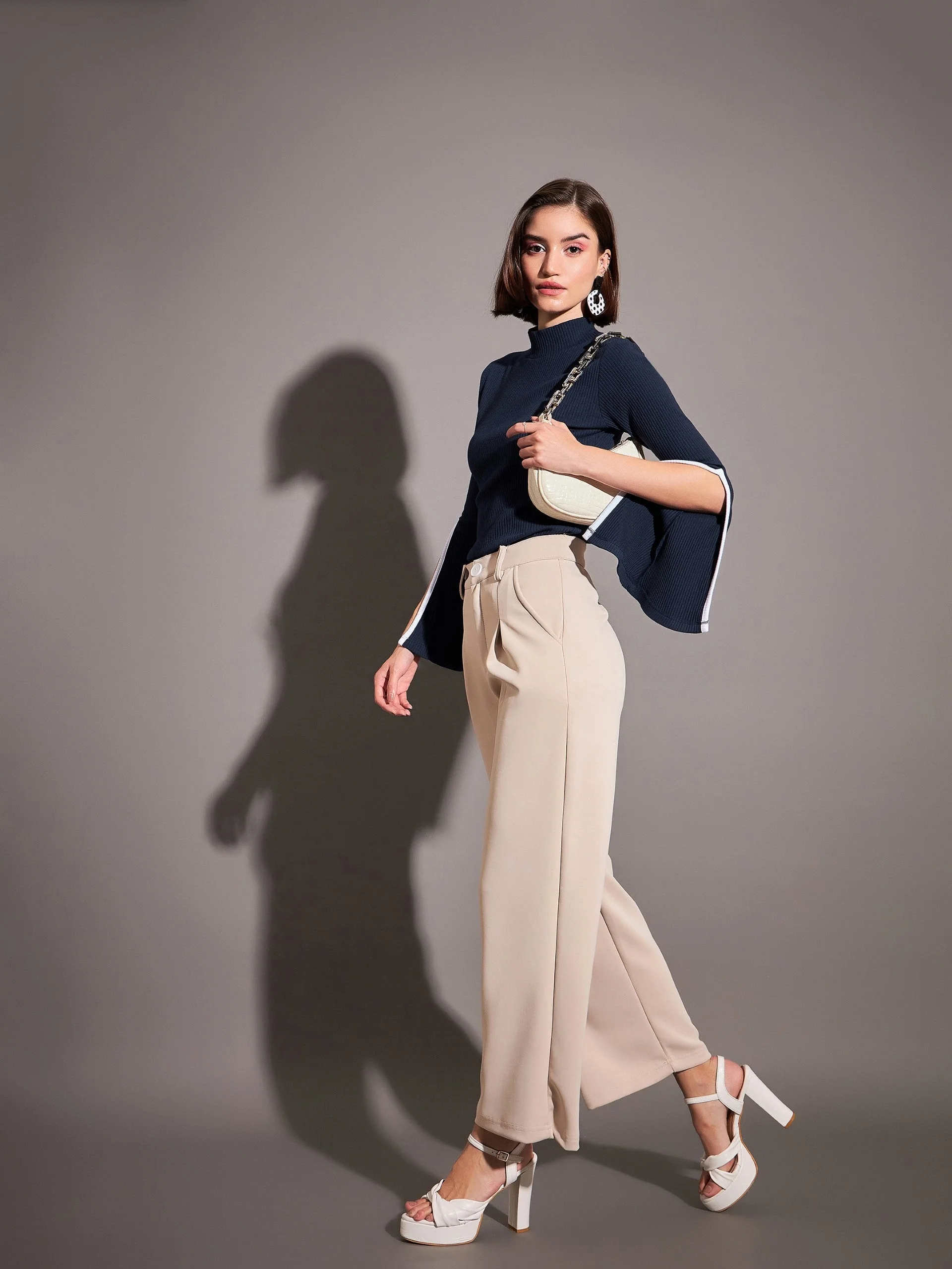 Women Navy Rib High Neck Bell Sleeves Top - Image 2