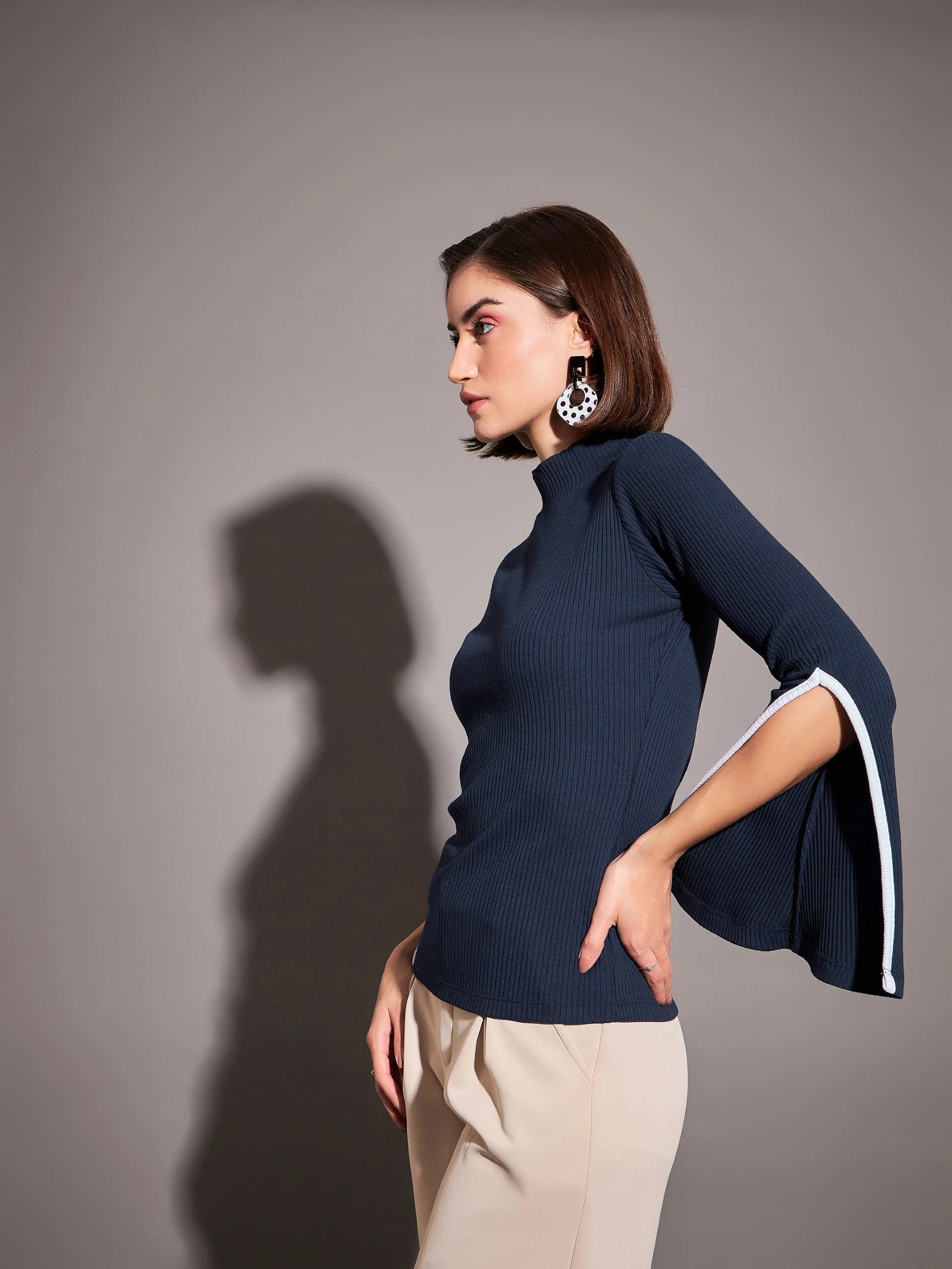 Women Navy Rib High Neck Bell Sleeves Top - Image 3