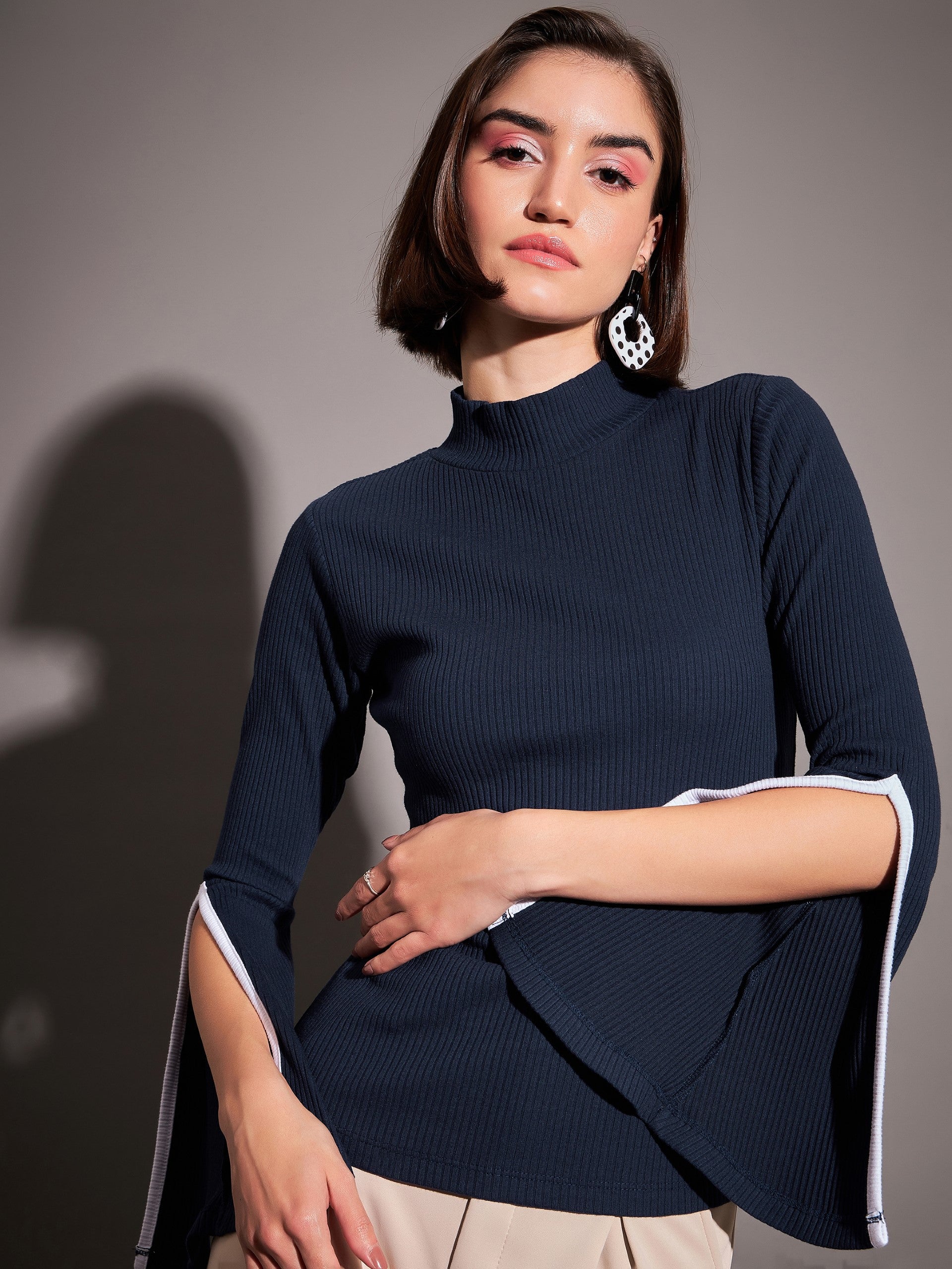 Women Navy Rib High Neck Bell Sleeves Top - Image 4