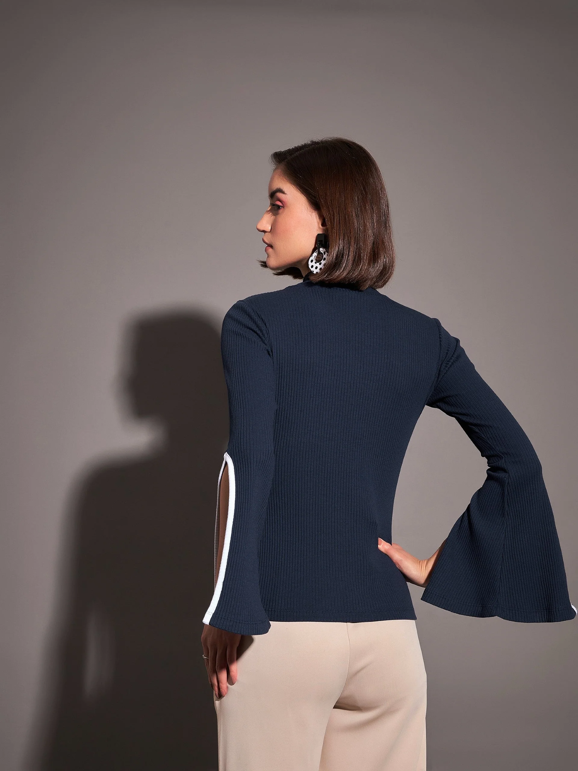 Women Navy Rib High Neck Bell Sleeves Top - Image 5